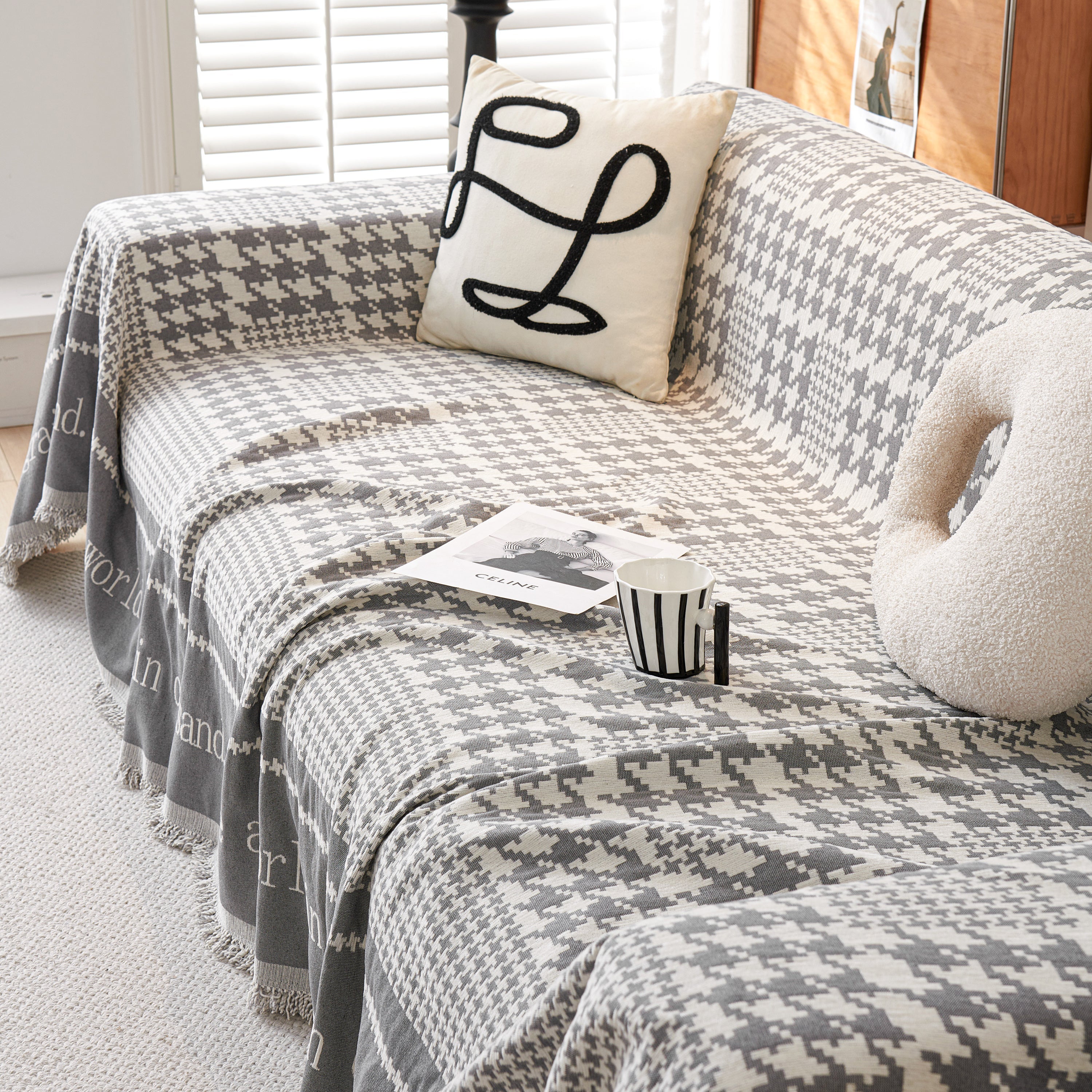 Chenille Houndstooth Couch Cover, Chaise Lounge Blanket Cover, Sectional Couch Scratch Protector