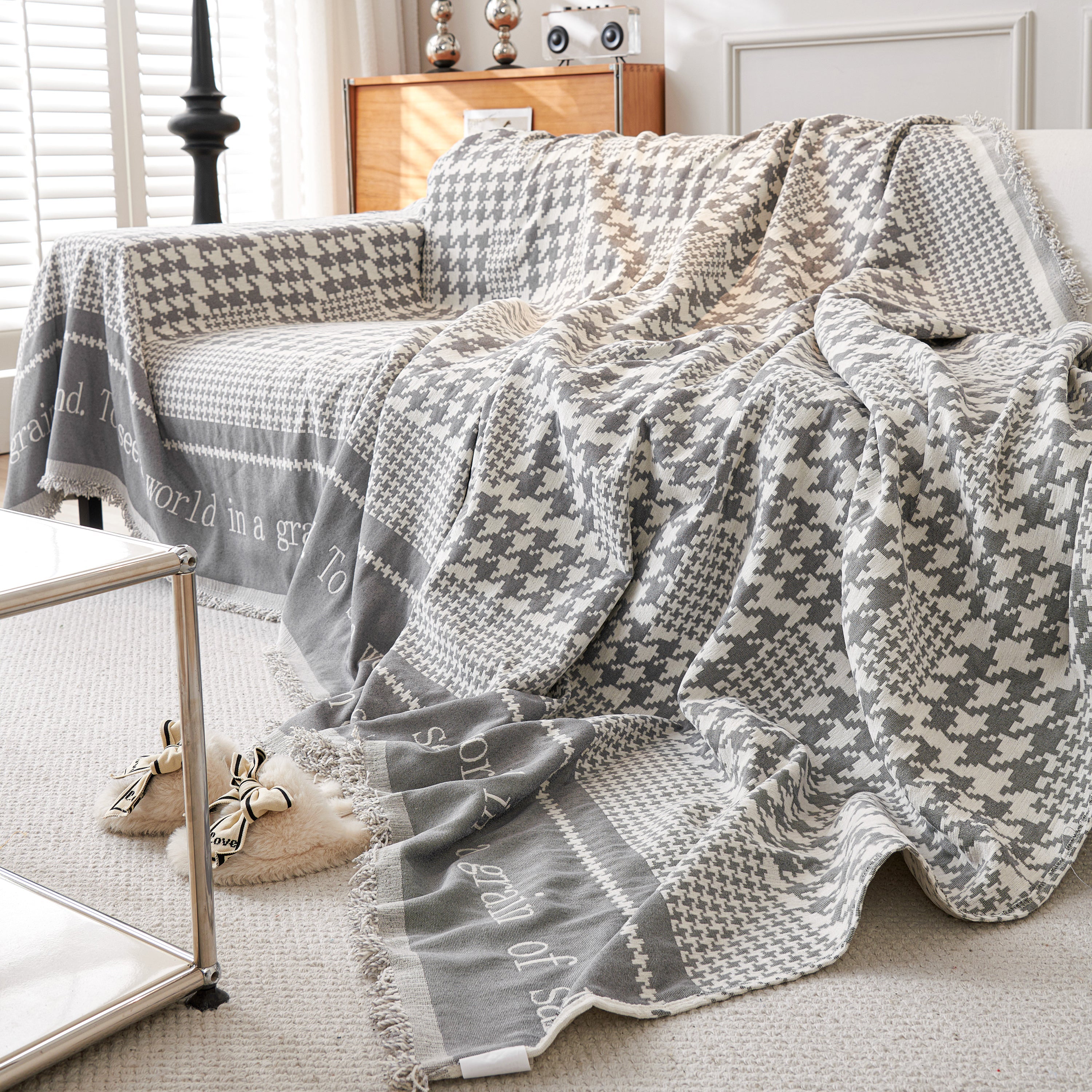 Chenille Houndstooth Couch Cover, Chaise Lounge Blanket Cover, Sectional Couch Scratch Protector