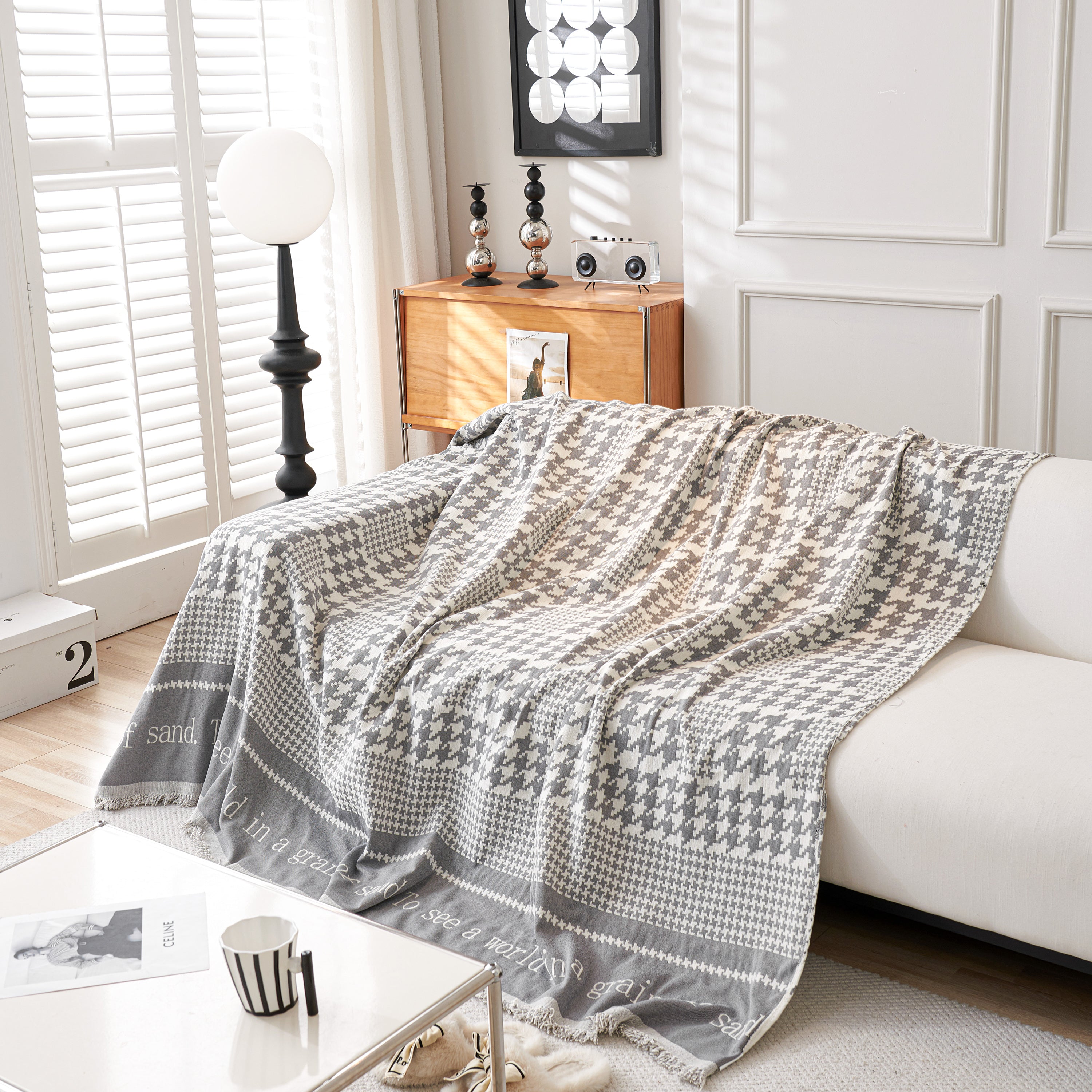 Chenille Houndstooth Couch Cover, Chaise Lounge Blanket Cover, Sectional Couch Scratch Protector