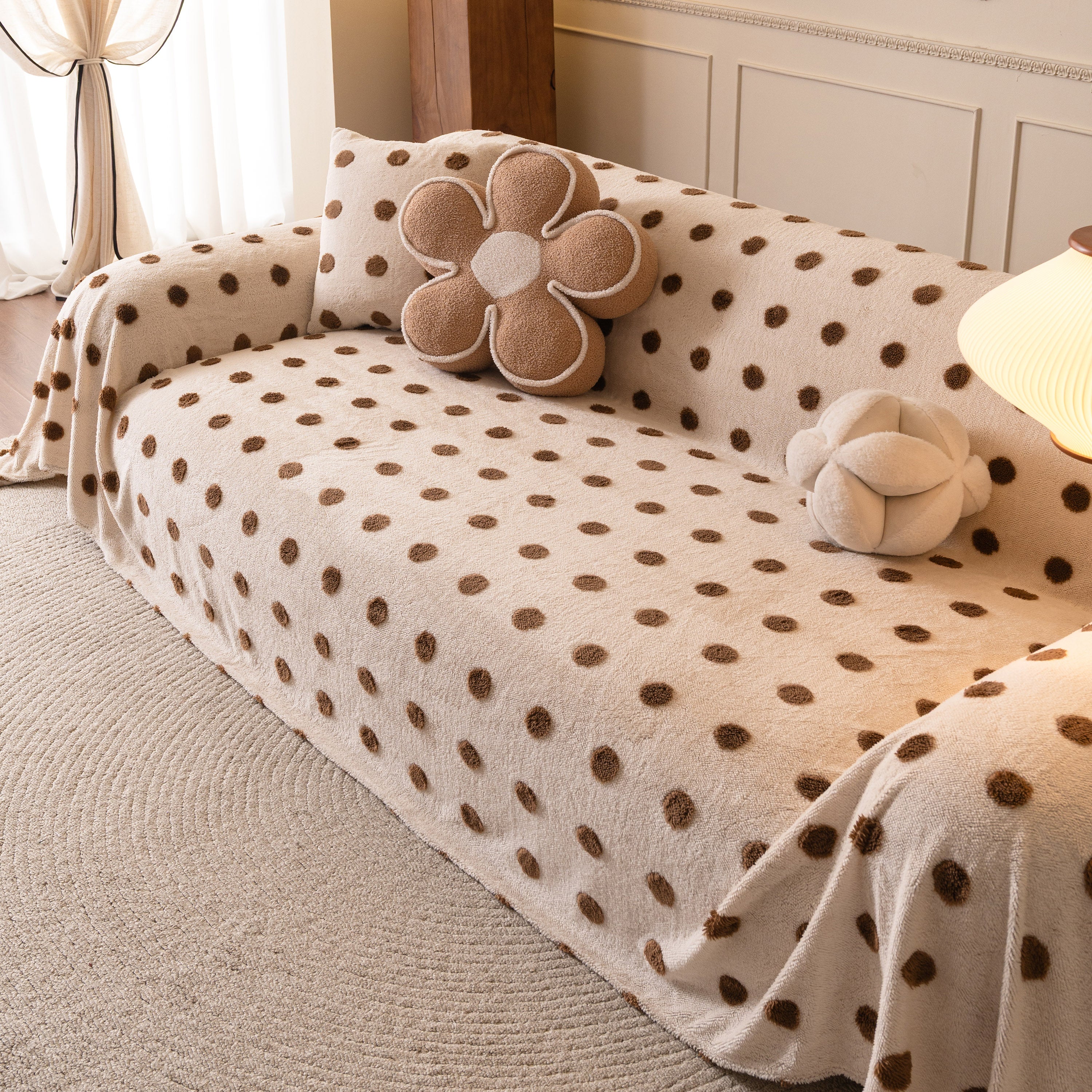Plush Fleece Sofa Cover Throw, Soft Textured Polka Dot Couch Protector Blanket for Pets