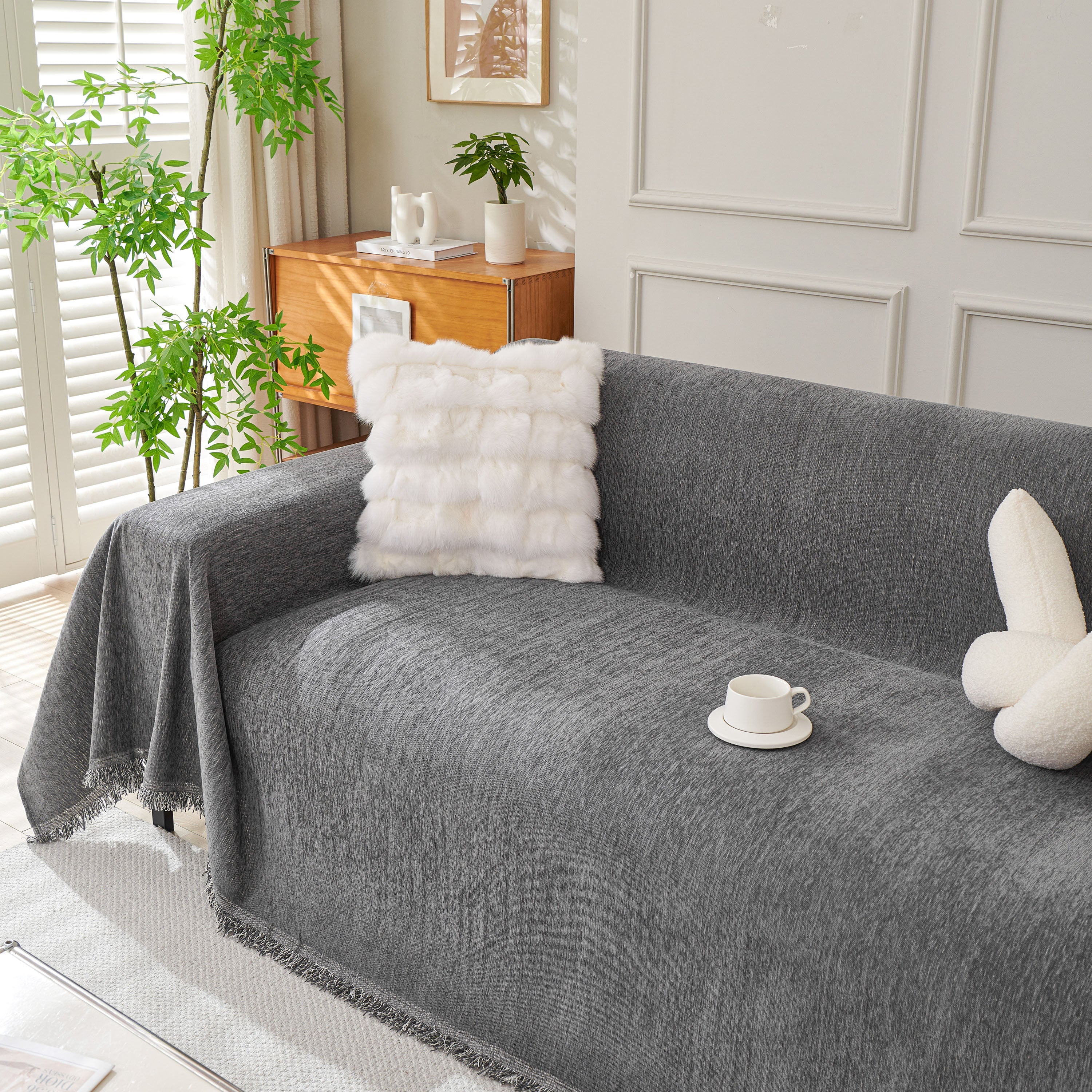 Solid Color Chenille Sofa Throw Blanket, Cozy & Easy Care Fringed Furniture Protector
