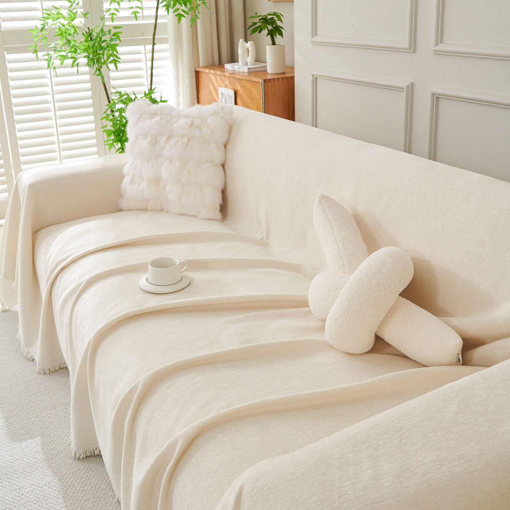 Solid Color Chenille Sofa Throw Blanket, Cozy & Easy Care Fringed Furniture Protector