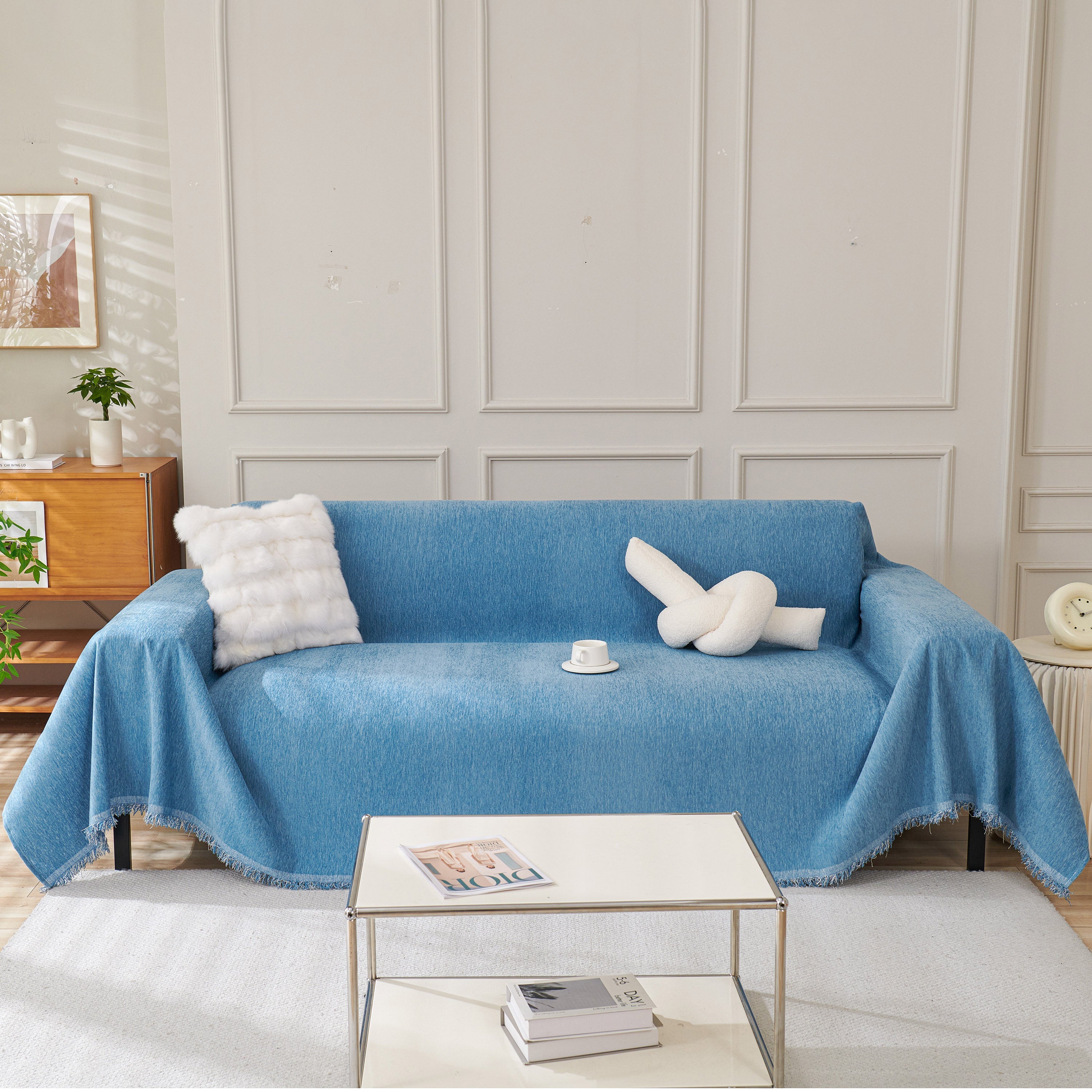 Solid Color Chenille Sofa Throw Blanket, Cozy & Easy Care Fringed Furniture Protector