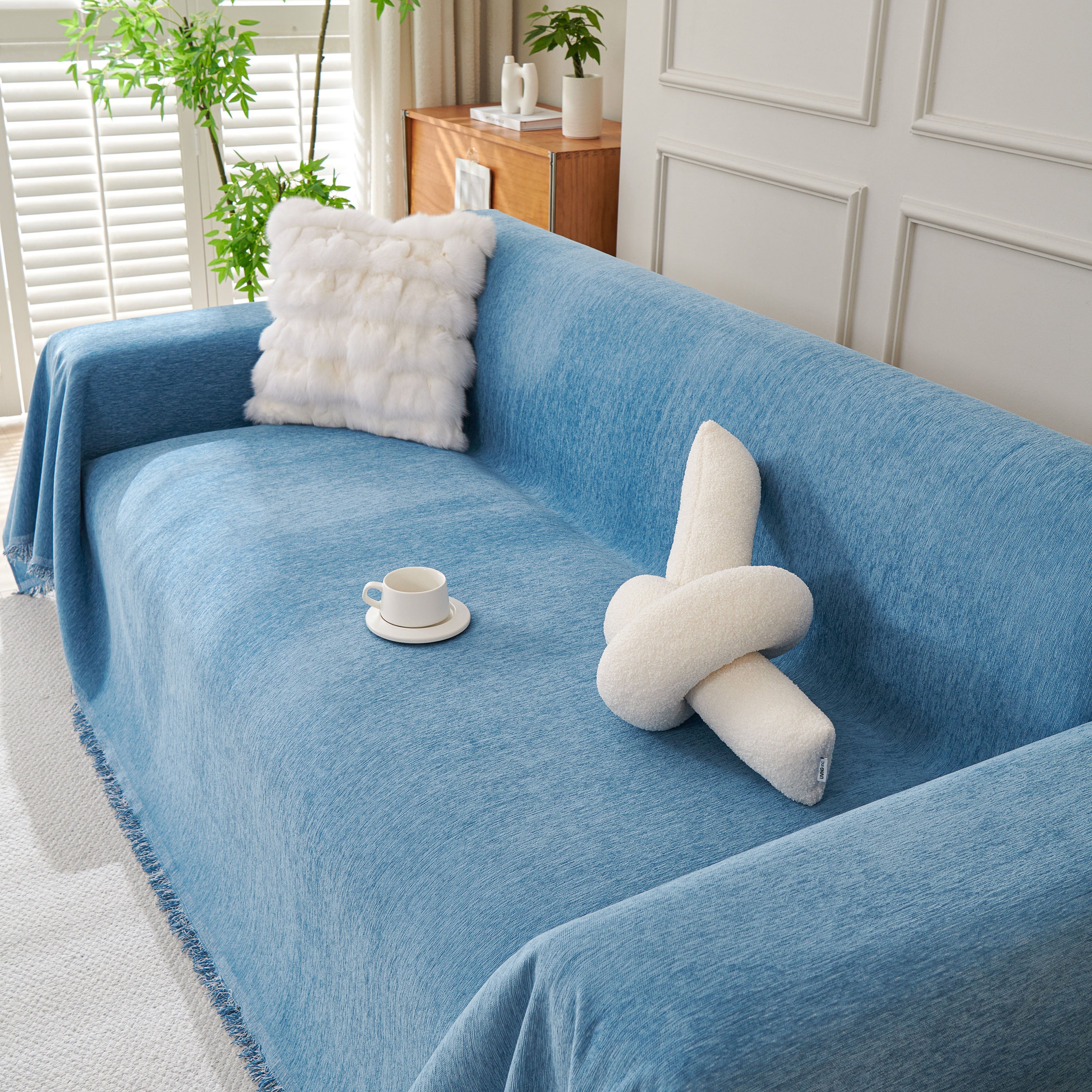 Solid Color Chenille Sofa Throw Blanket, Cozy & Easy Care Fringed Furniture Protector