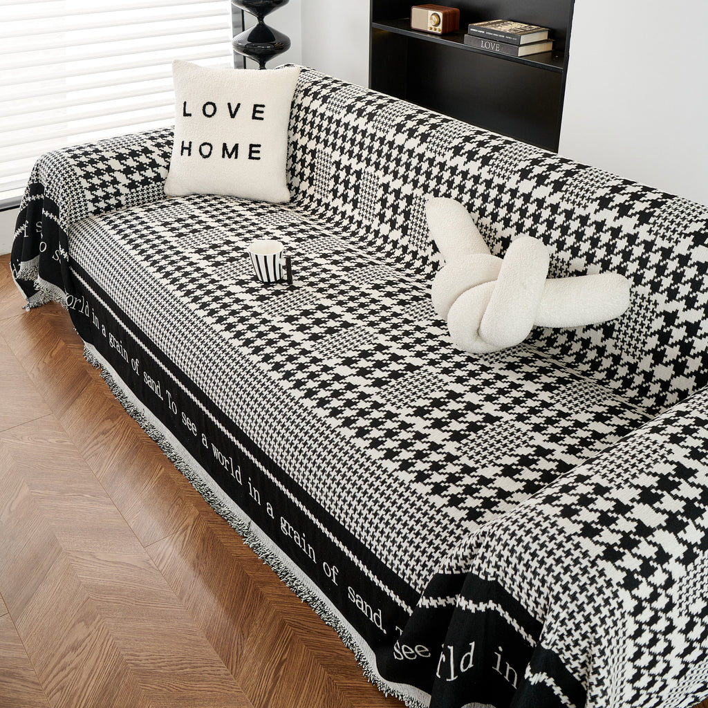 Chenille Houndstooth Couch Cover, Chaise Lounge Blanket Cover, Sectional Couch Scratch Protector