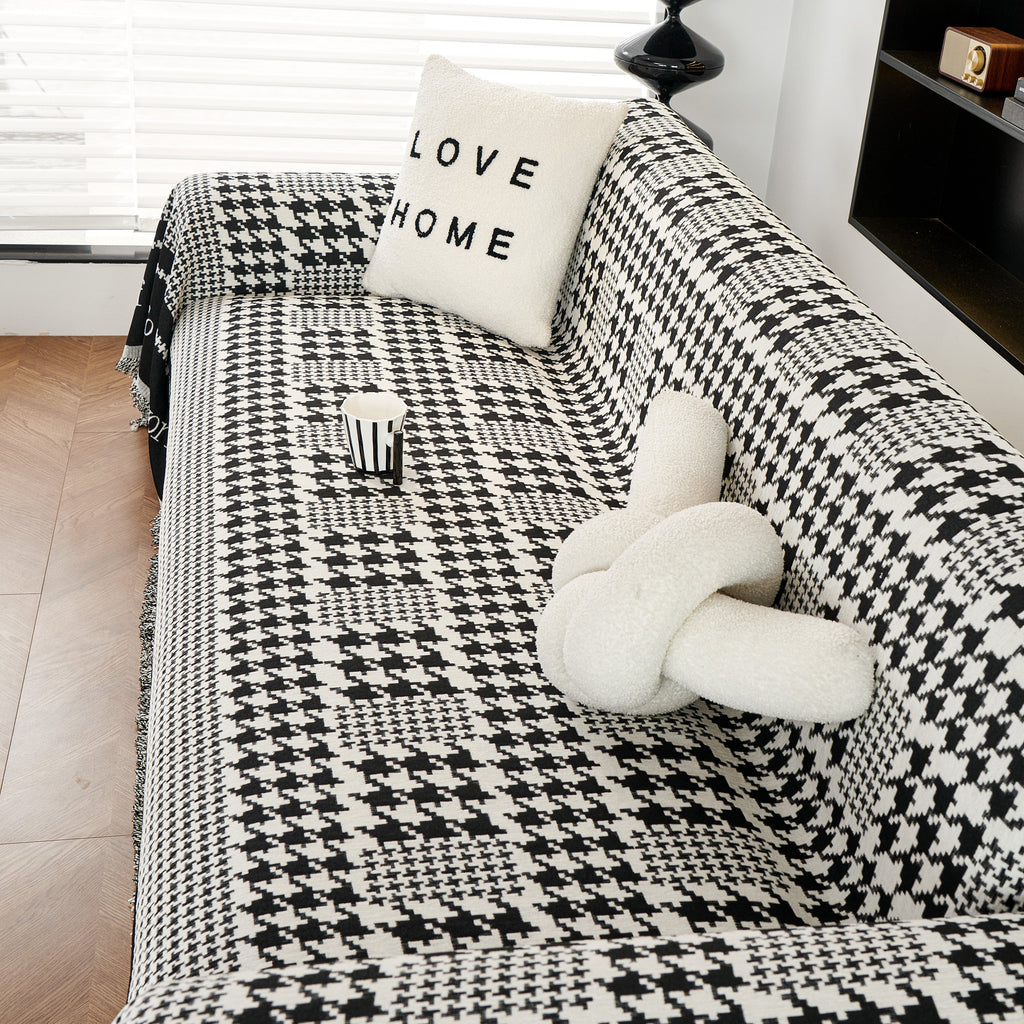 Chenille Houndstooth Couch Cover, Chaise Lounge Blanket Cover, Sectional Couch Scratch Protector