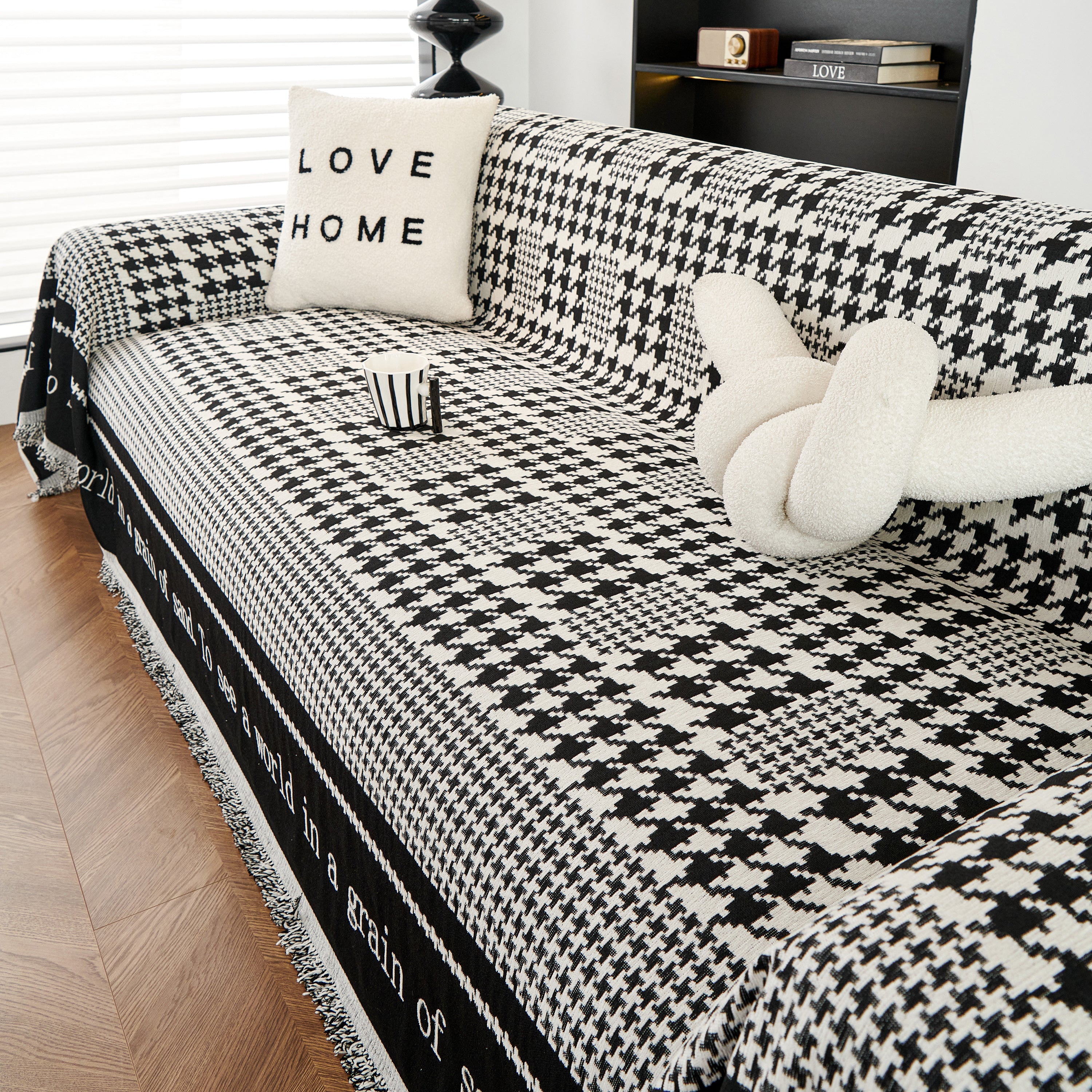 Chenille Houndstooth Couch Cover, Chaise Lounge Blanket Cover, Sectional Couch Scratch Protector
