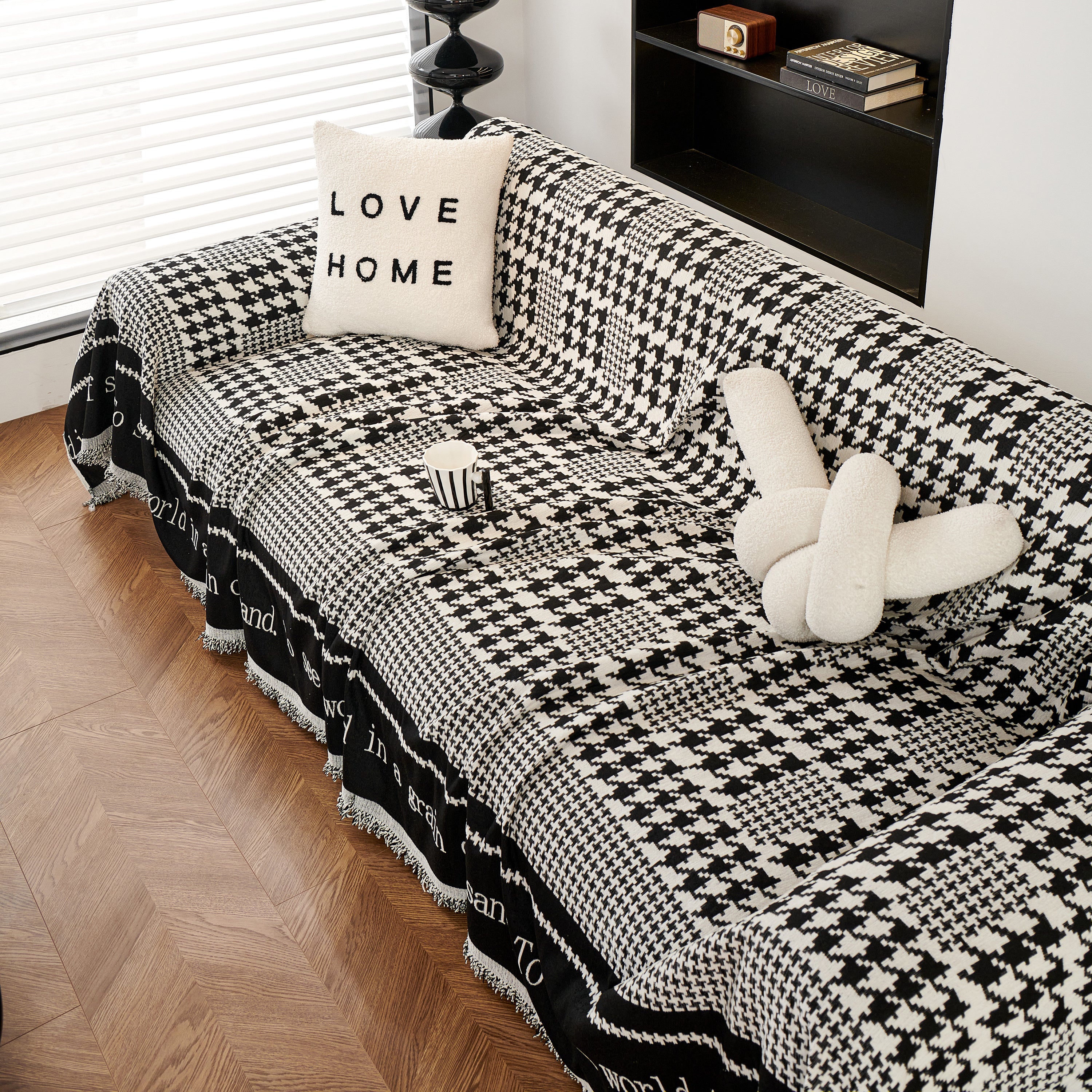 Chenille Houndstooth Couch Cover, Chaise Lounge Blanket Cover, Sectional Couch Scratch Protector