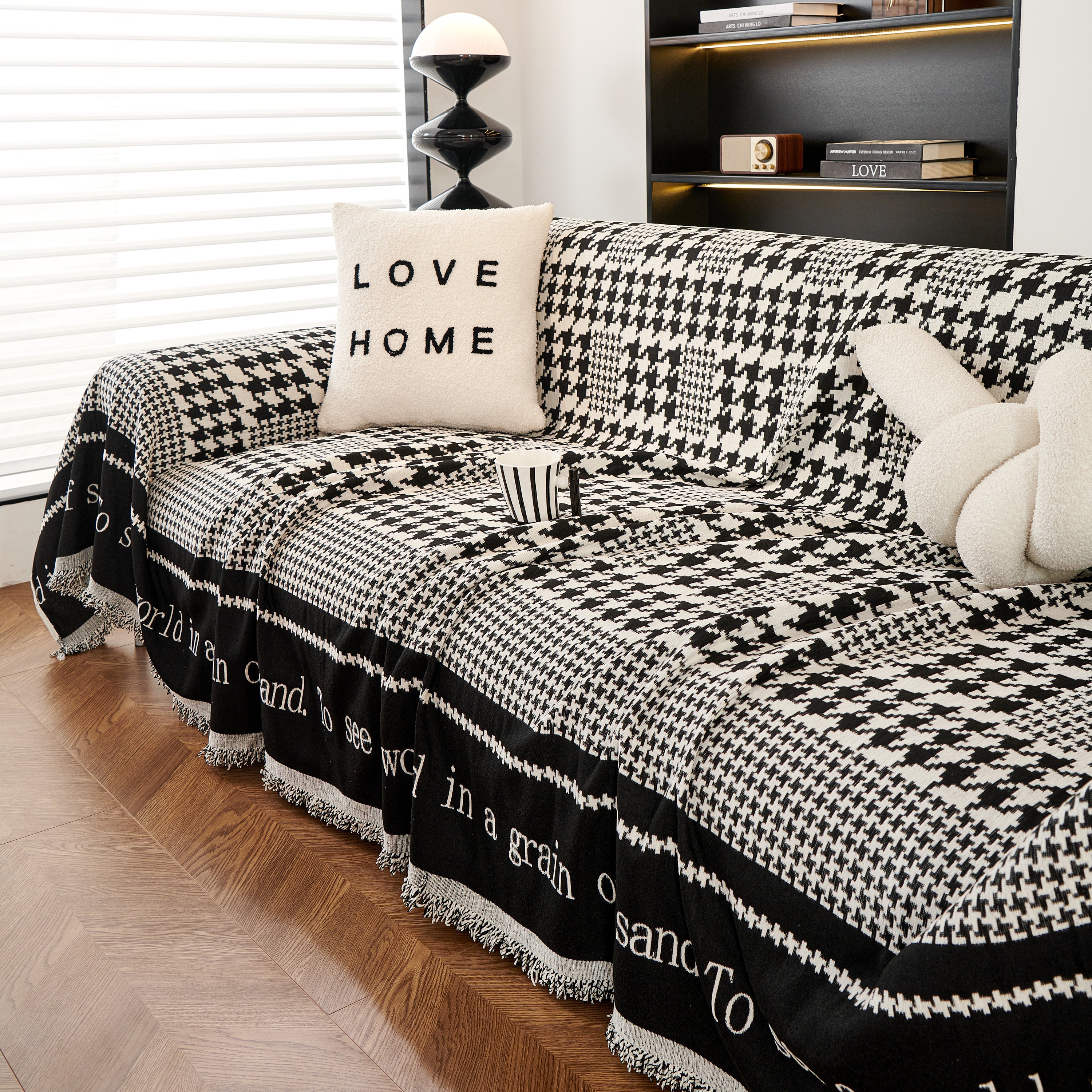 Chenille Houndstooth Couch Cover, Chaise Lounge Blanket Cover, Sectional Couch Scratch Protector