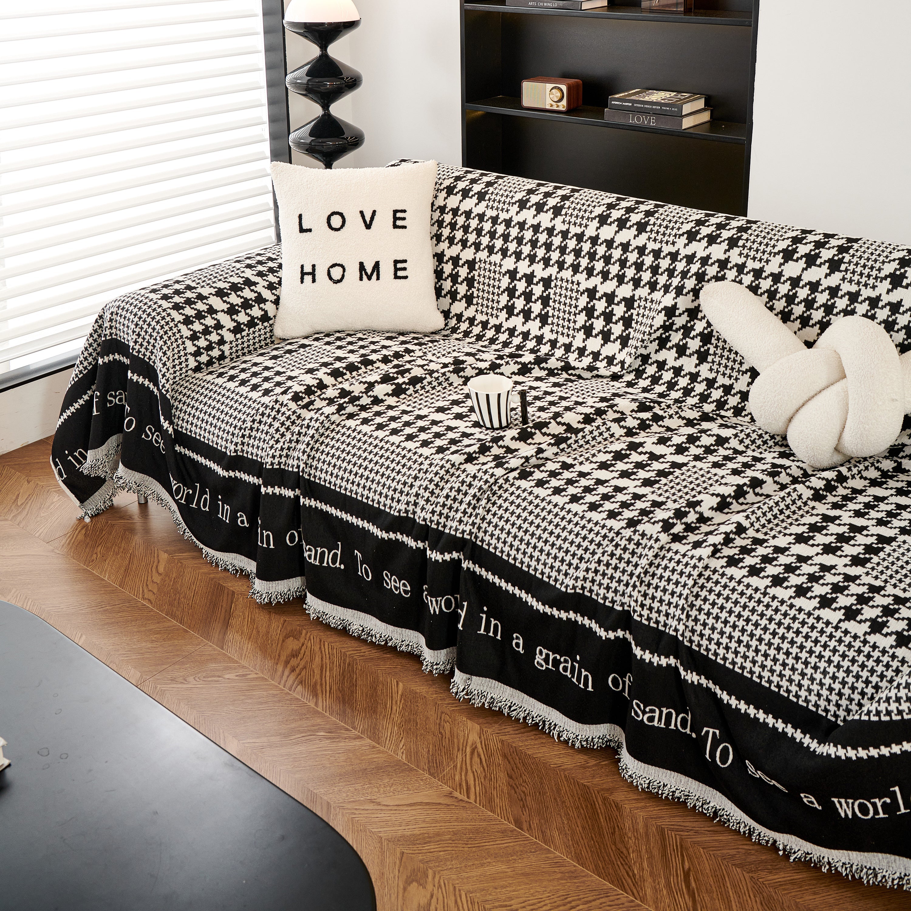 Chenille Houndstooth Couch Cover, Chaise Lounge Blanket Cover, Sectional Couch Scratch Protector