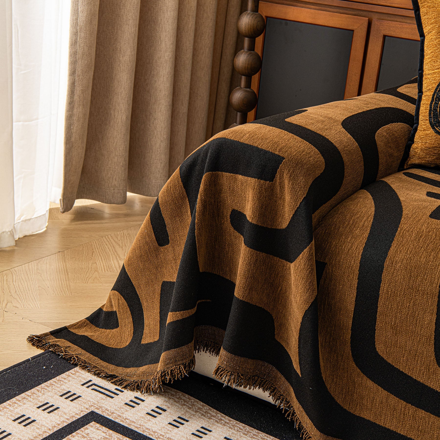 Modern Boho Chenille Sofa Cover Throw Blanket, Abstract Geometric Pattern Couch Cover