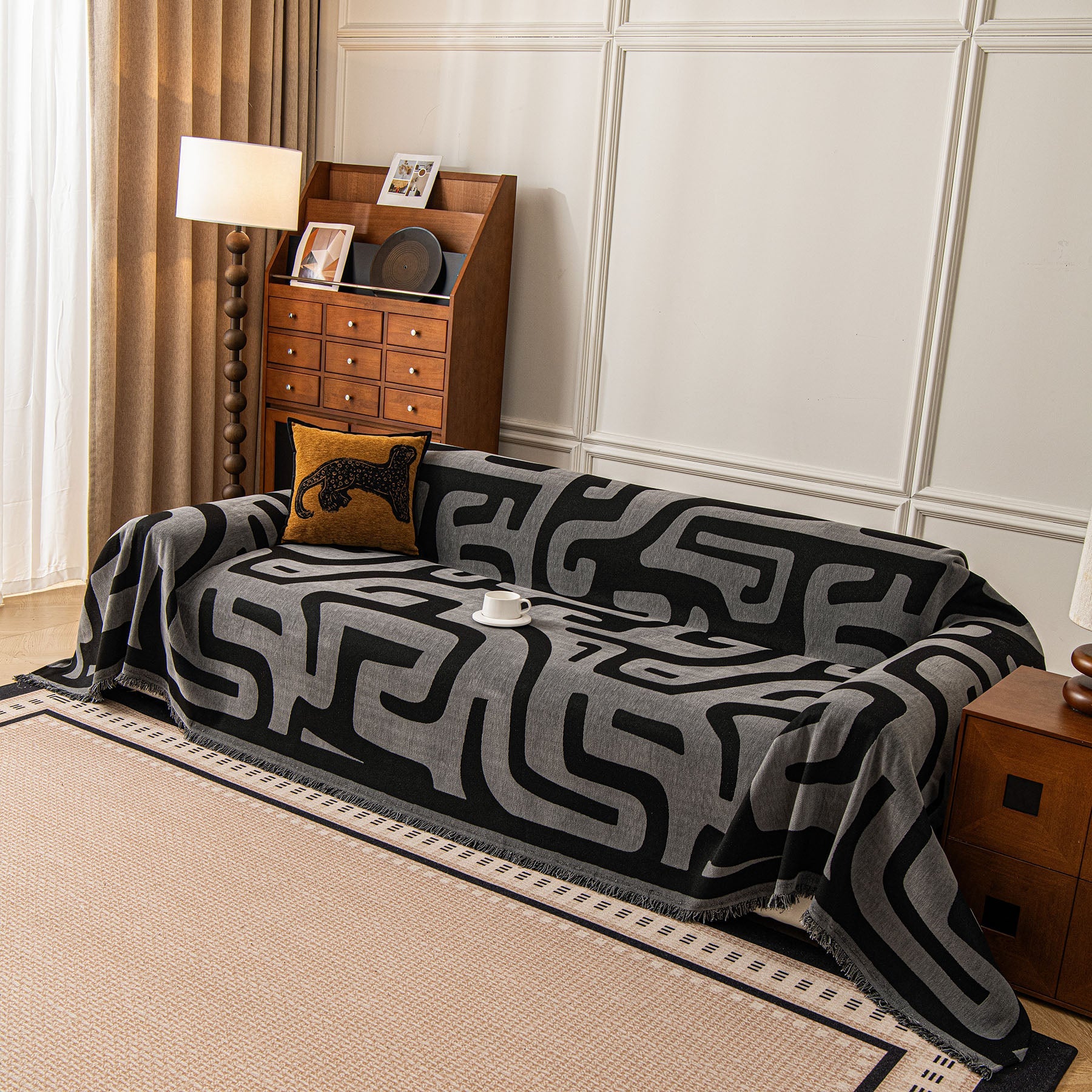 Modern Boho Chenille Sofa Cover Throw Blanket, Abstract Geometric Pattern Couch Cover