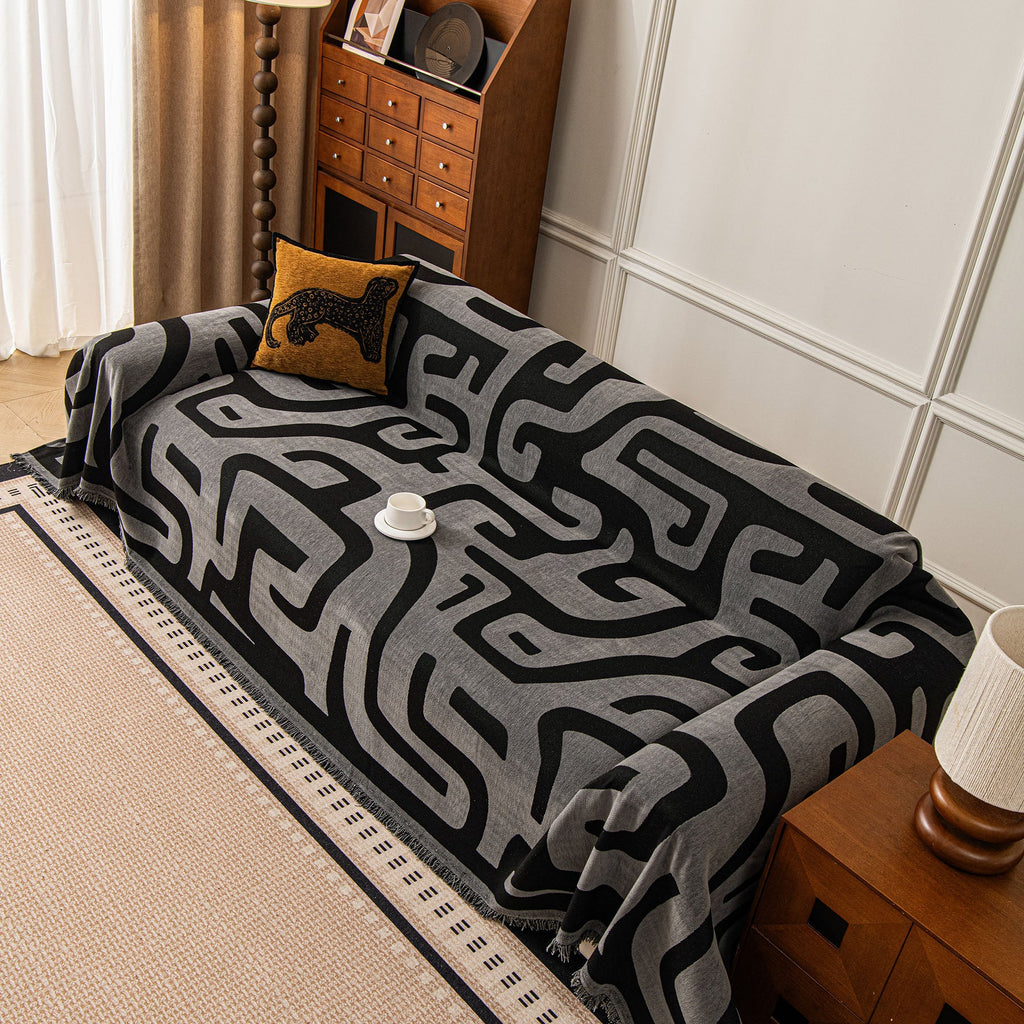 Modern Boho Chenille Sofa Cover Throw Blanket, Abstract Geometric Pattern Couch Cover