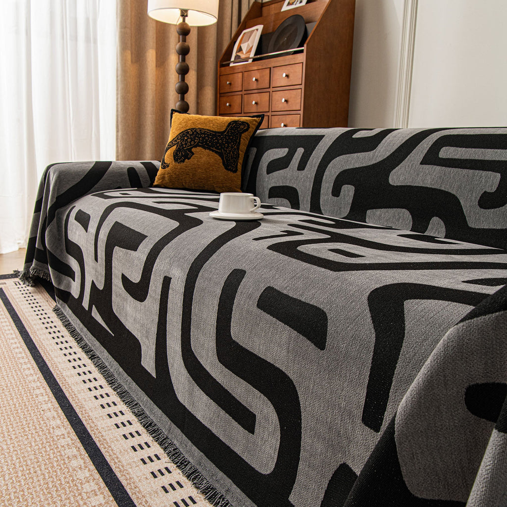 Modern Boho Chenille Sofa Cover Throw Blanket, Abstract Geometric Pattern Couch Cover