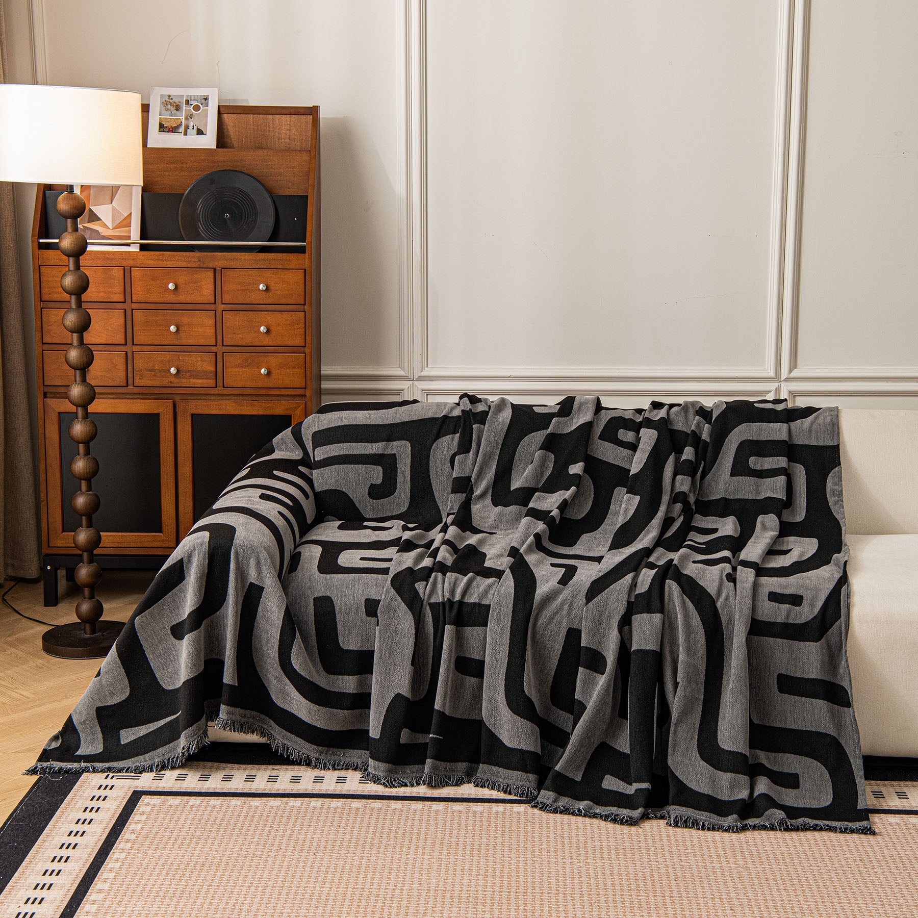 Modern Boho Chenille Sofa Cover Throw Blanket, Abstract Geometric Pattern Couch Cover