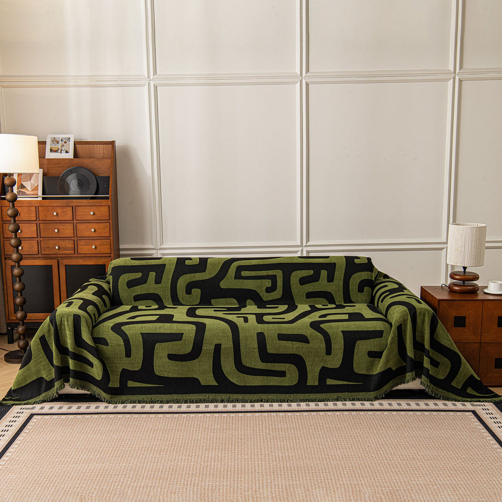 Modern Boho Chenille Sofa Cover Throw Blanket, Abstract Geometric Pattern Couch Cover