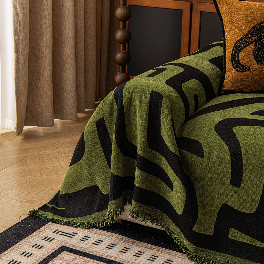 Modern Boho Chenille Sofa Cover Throw Blanket, Abstract Geometric Pattern Couch Cover
