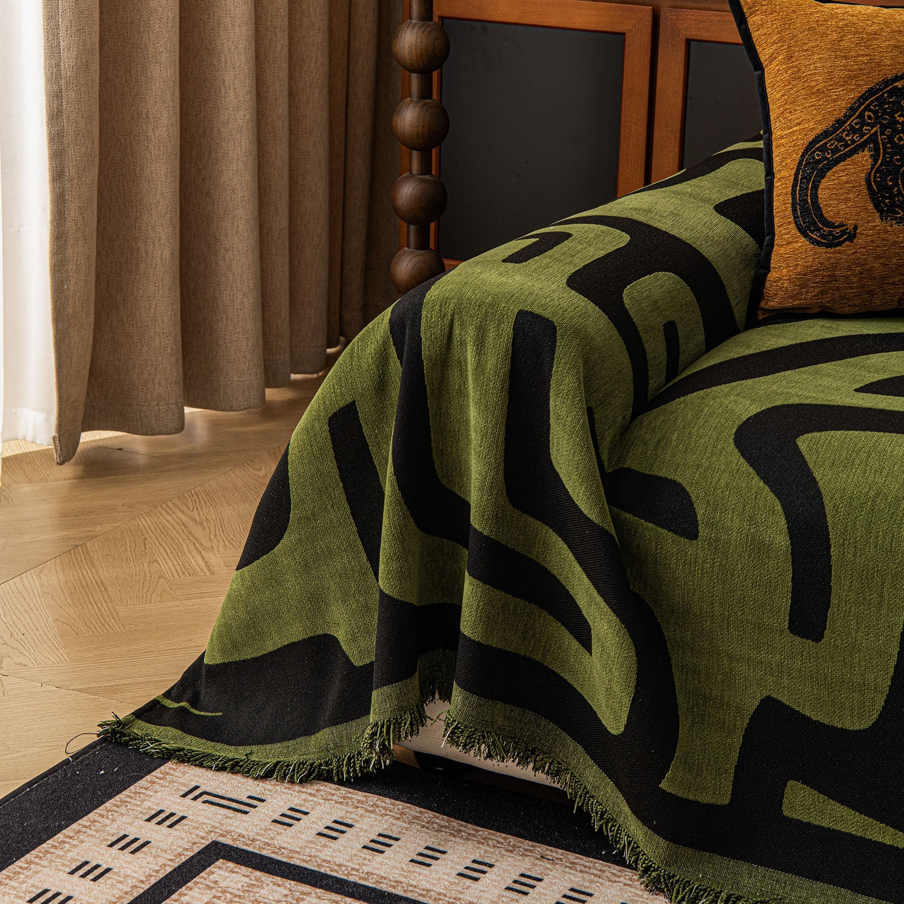 Modern Boho Chenille Sofa Cover Throw Blanket, Abstract Geometric Pattern Couch Cover