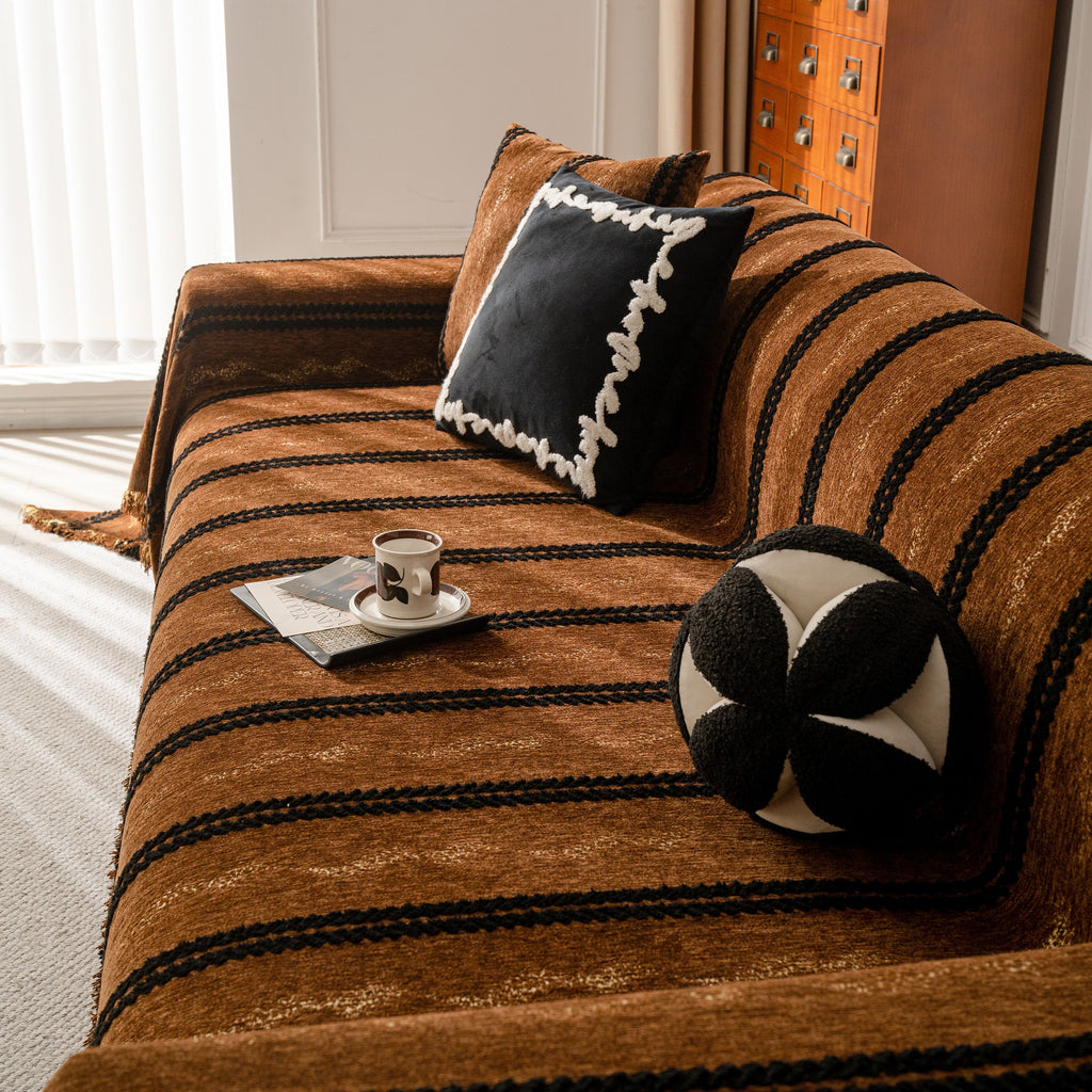 Boho Couch Throw Blanket with Textured Stripes, Sofa Cover for Living Room Decor