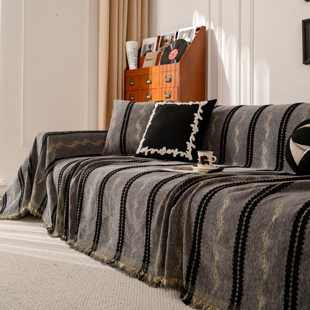 Boho Couch Throw Blanket with Textured Stripes, Sofa Cover for Living Room Decor