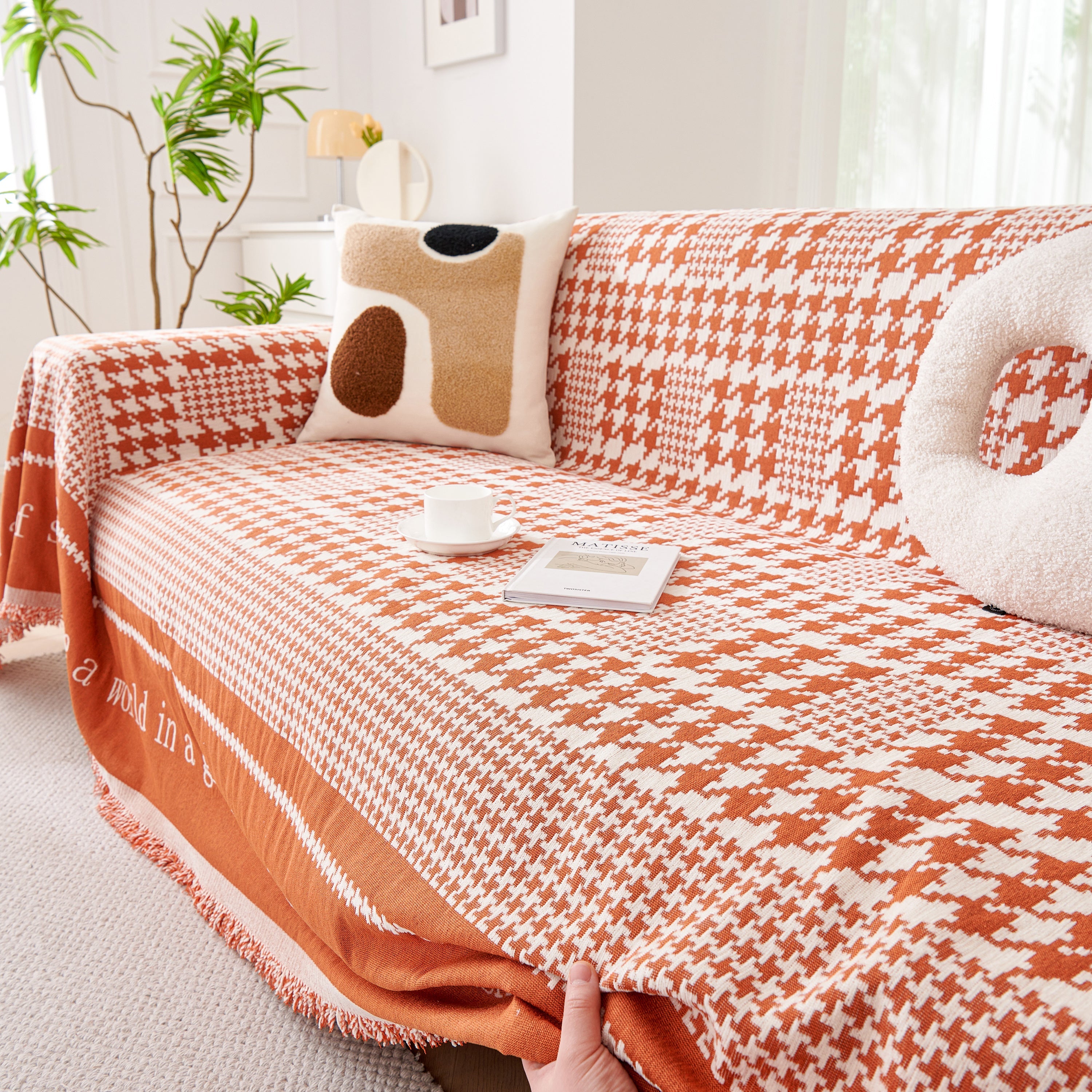 Chenille Houndstooth Couch Cover, Chaise Lounge Blanket Cover, Sectional Couch Scratch Protector
