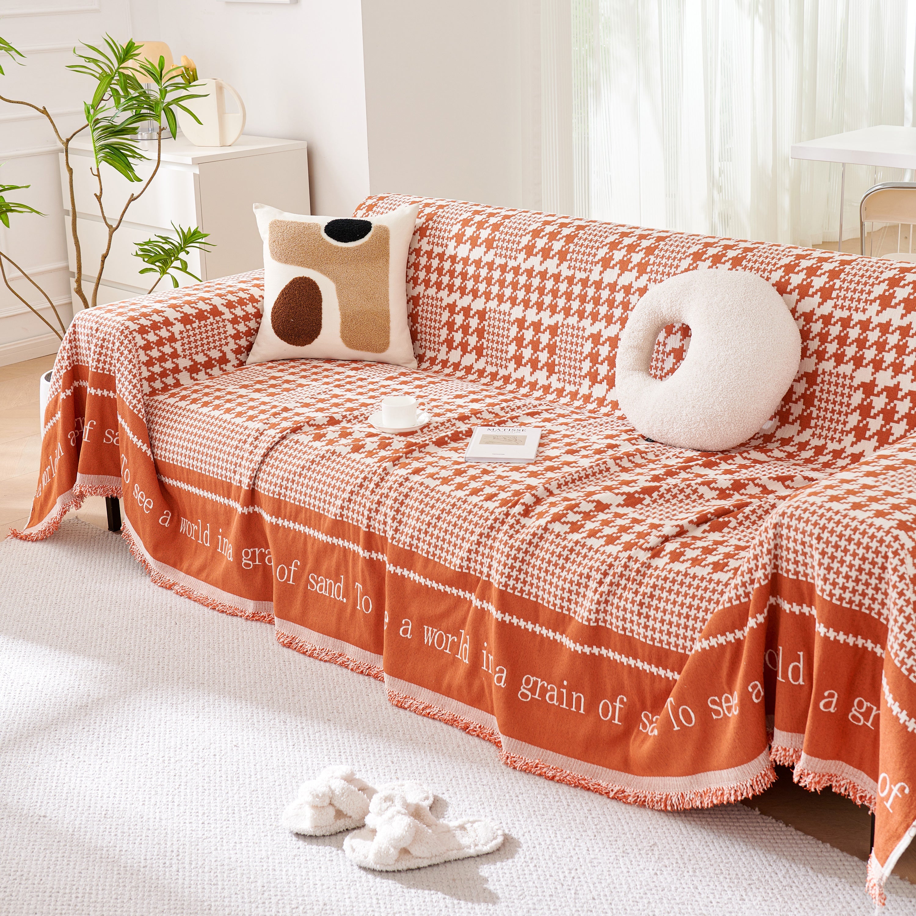 Chenille Houndstooth Couch Cover, Chaise Lounge Blanket Cover, Sectional Couch Scratch Protector