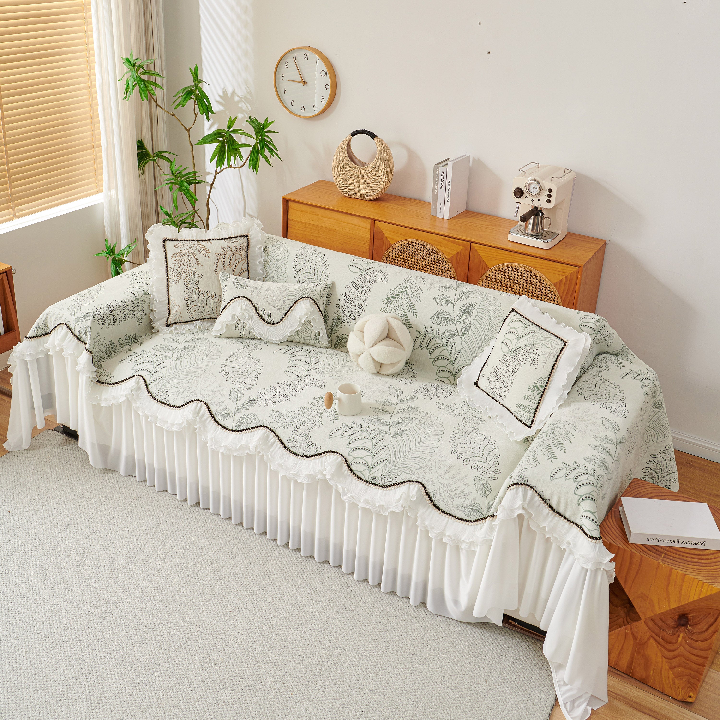 Farmhouse Ruffled Lace Sofa Slipcover Vintage Furniture Protector with Botanical Print