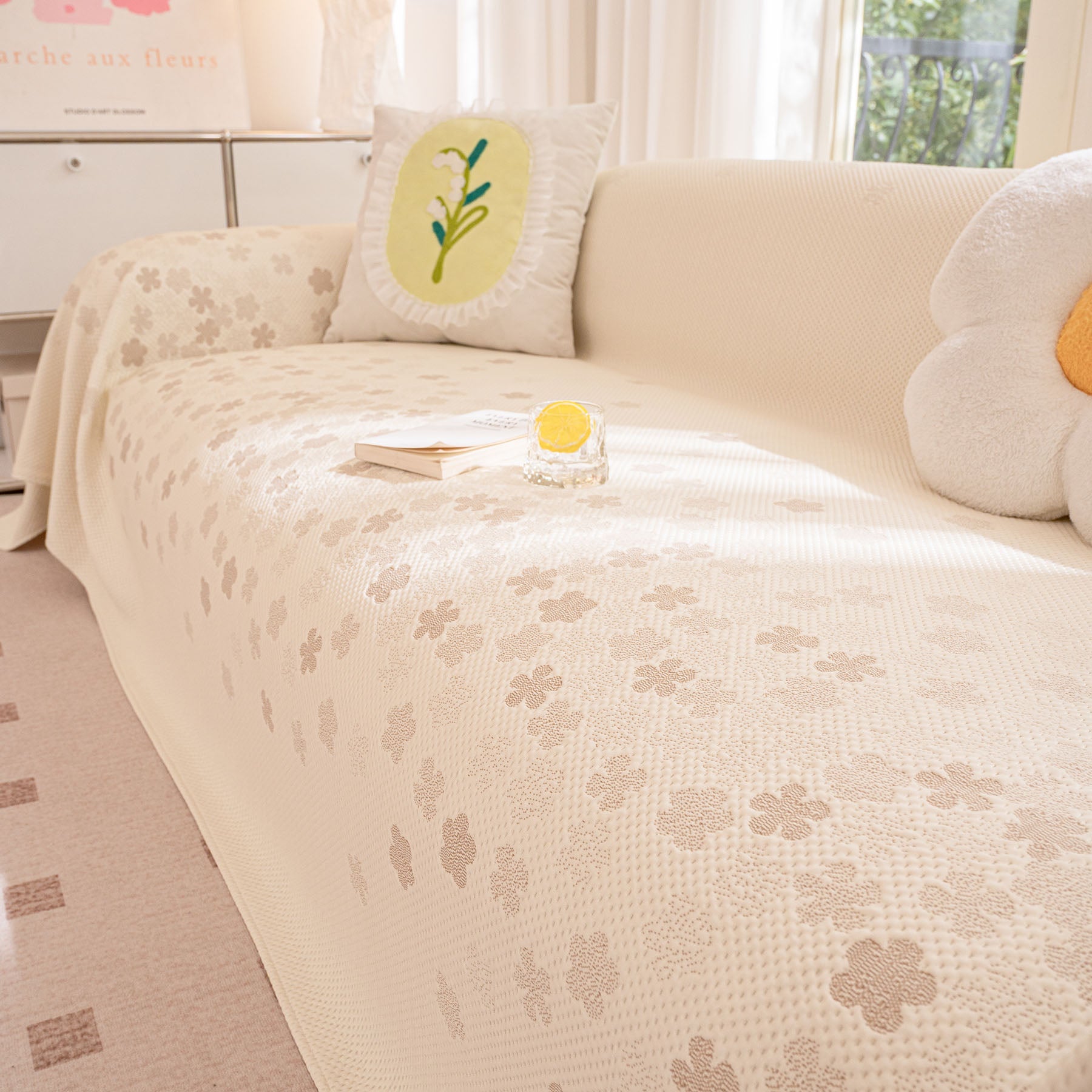 Cooling Ice Silk Sofa Cover Blanket, Floral Soft Silky Breathable Couch Throw Cover
