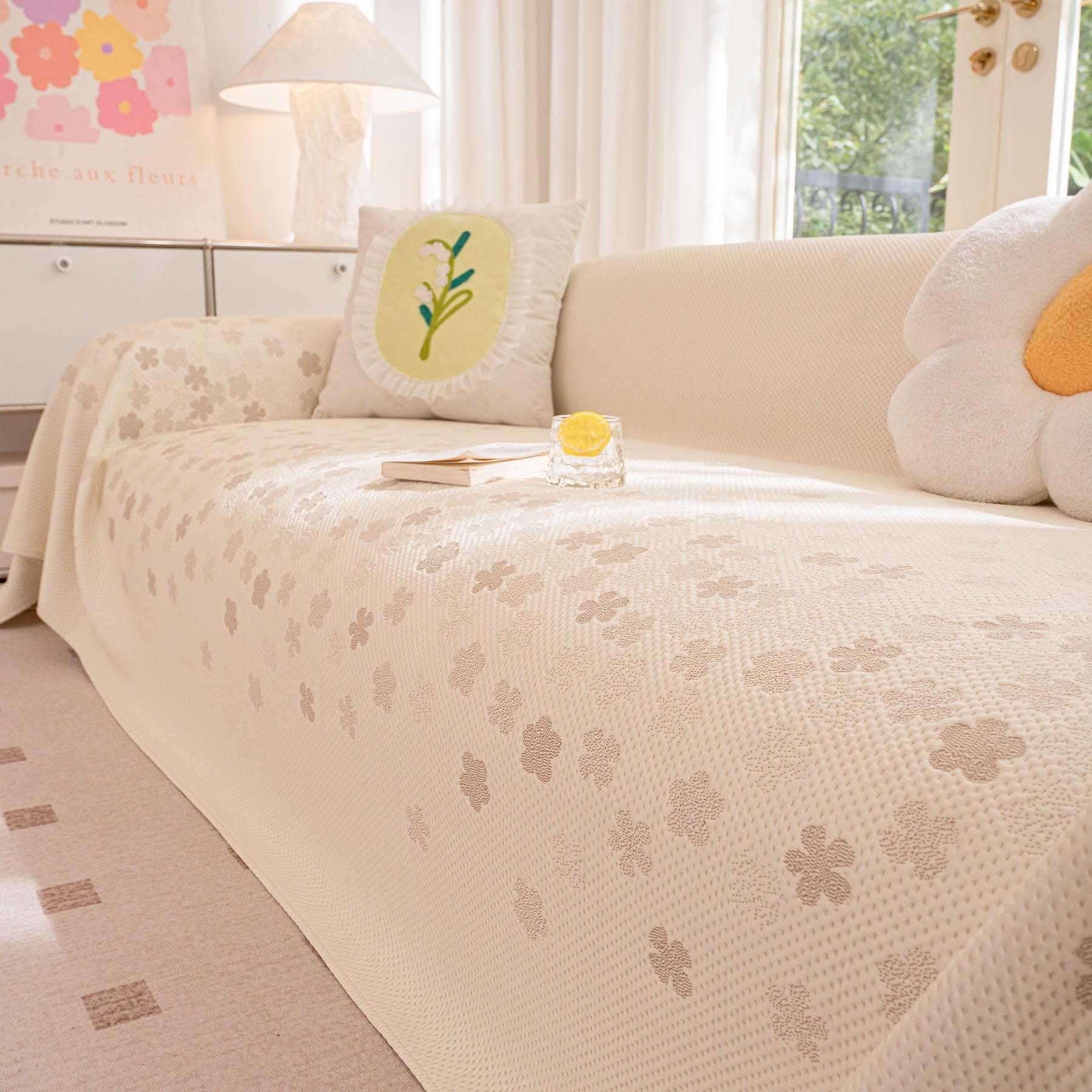 Cooling Ice Silk Sofa Cover Blanket, Floral Soft Silky Breathable Couch Throw Cover