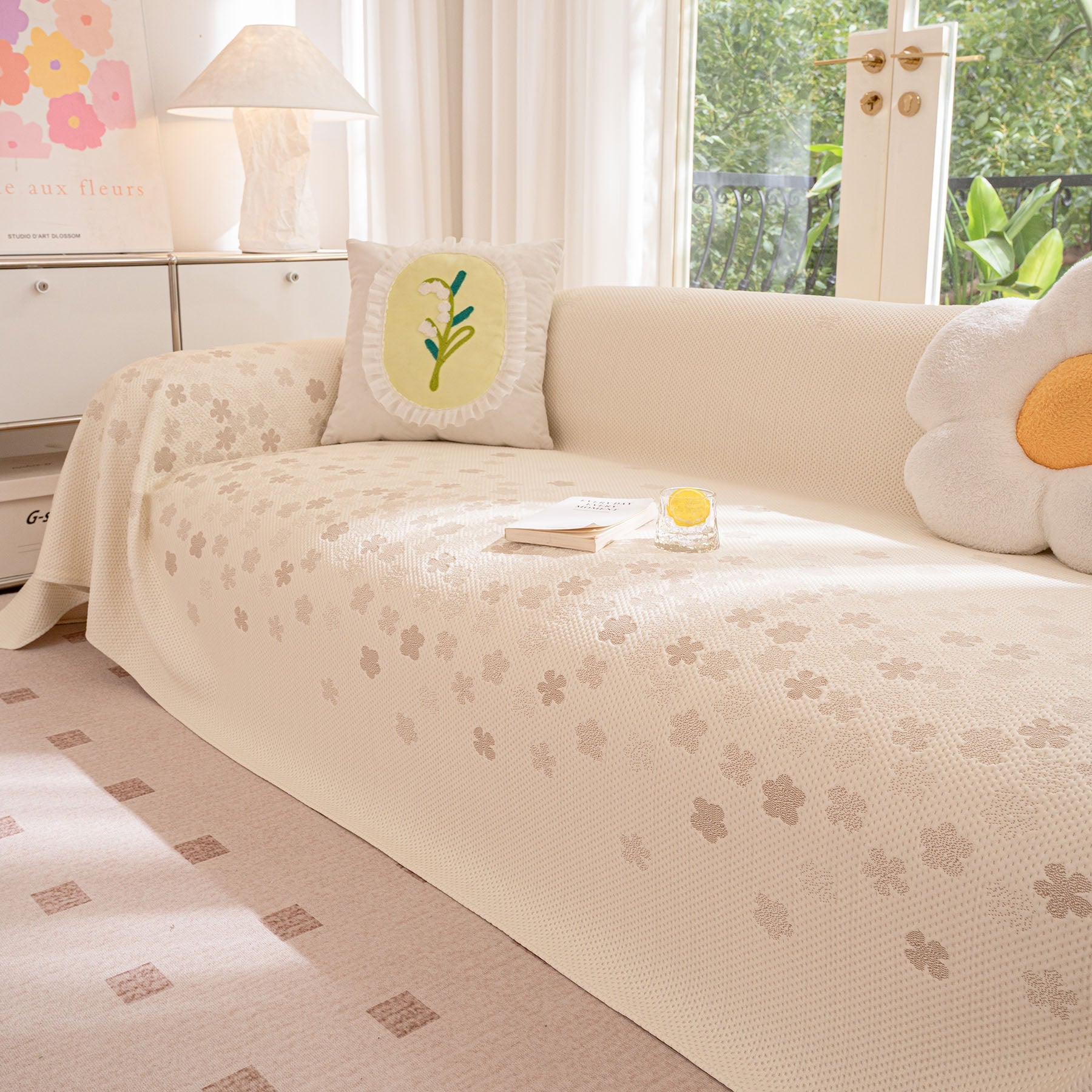 Cooling Ice Silk Sofa Cover Blanket, Floral Soft Silky Breathable Couch Throw Cover