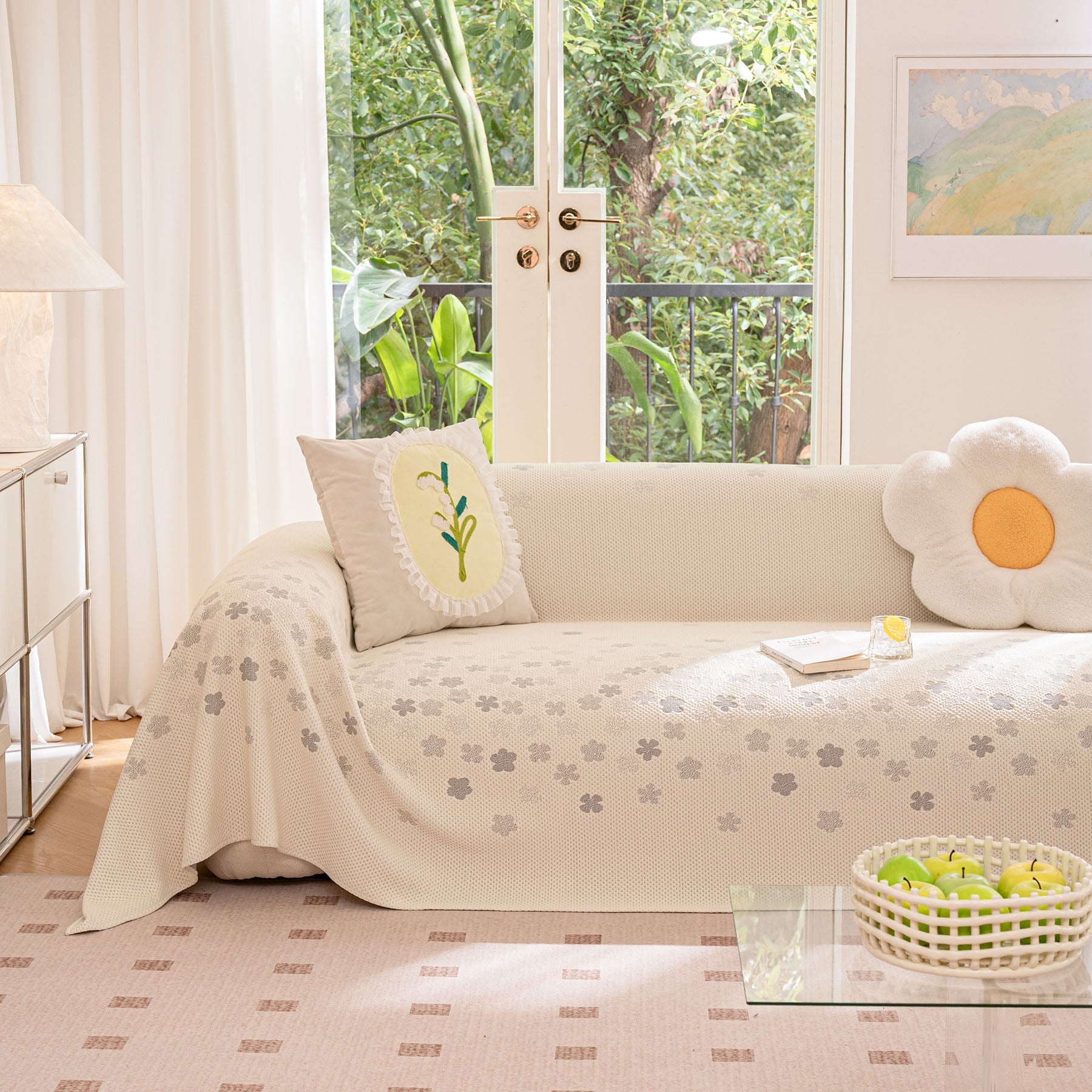 Cooling Ice Silk Sofa Cover Blanket, Floral Soft Silky Breathable Couch Throw Cover