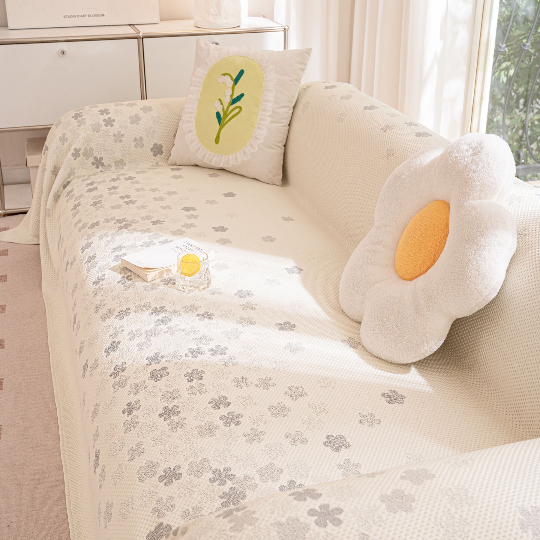 Cooling Ice Silk Sofa Cover Blanket, Floral Soft Silky Breathable Couch Throw Cover