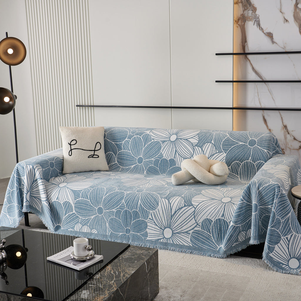 Chenille Jacquard Sofa Throw Cover with Tassels, All-Season Furniture Protector for Home and Office