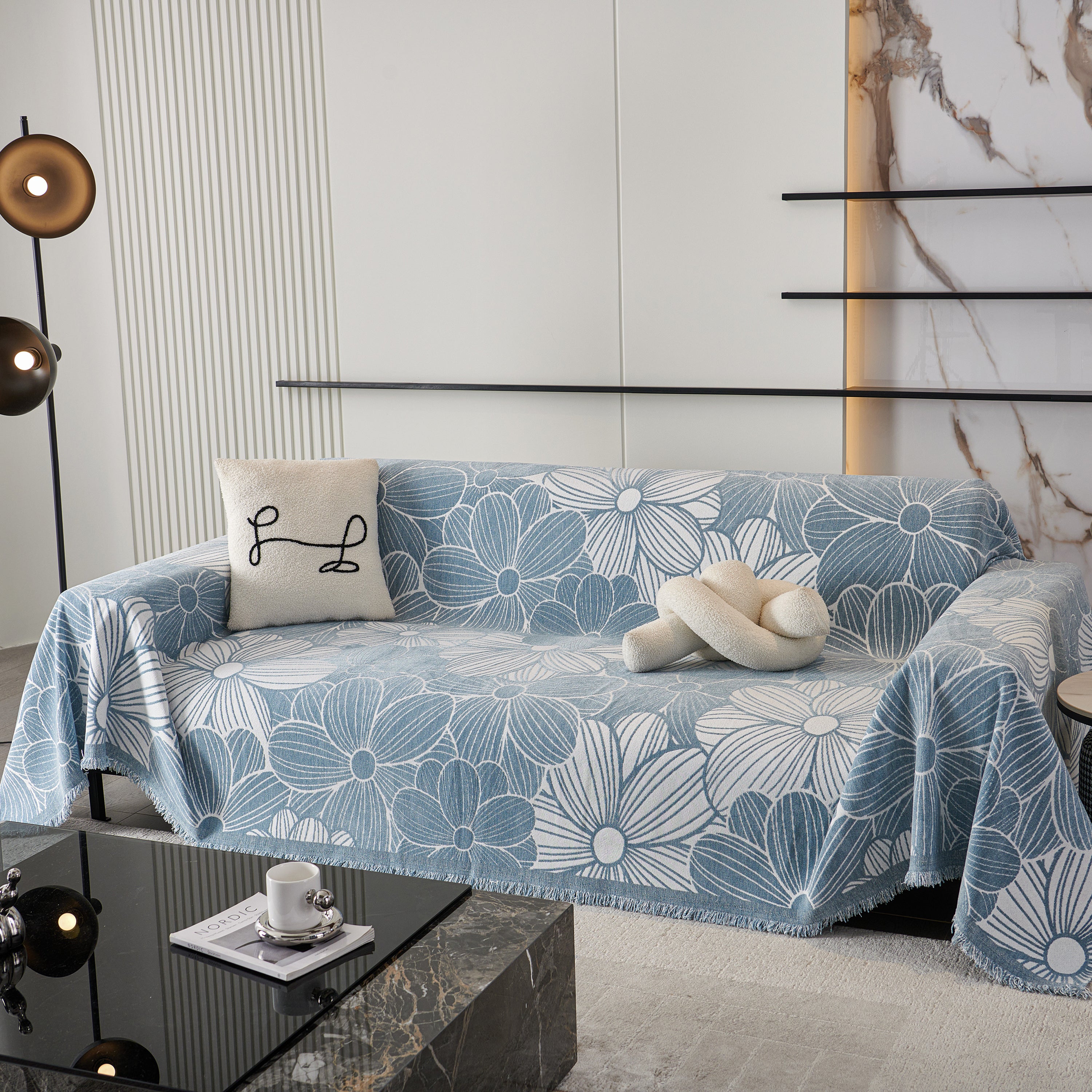 Chenille Jacquard Sofa Throw Cover with Tassels, All-Season Furniture Protector for Home and Office