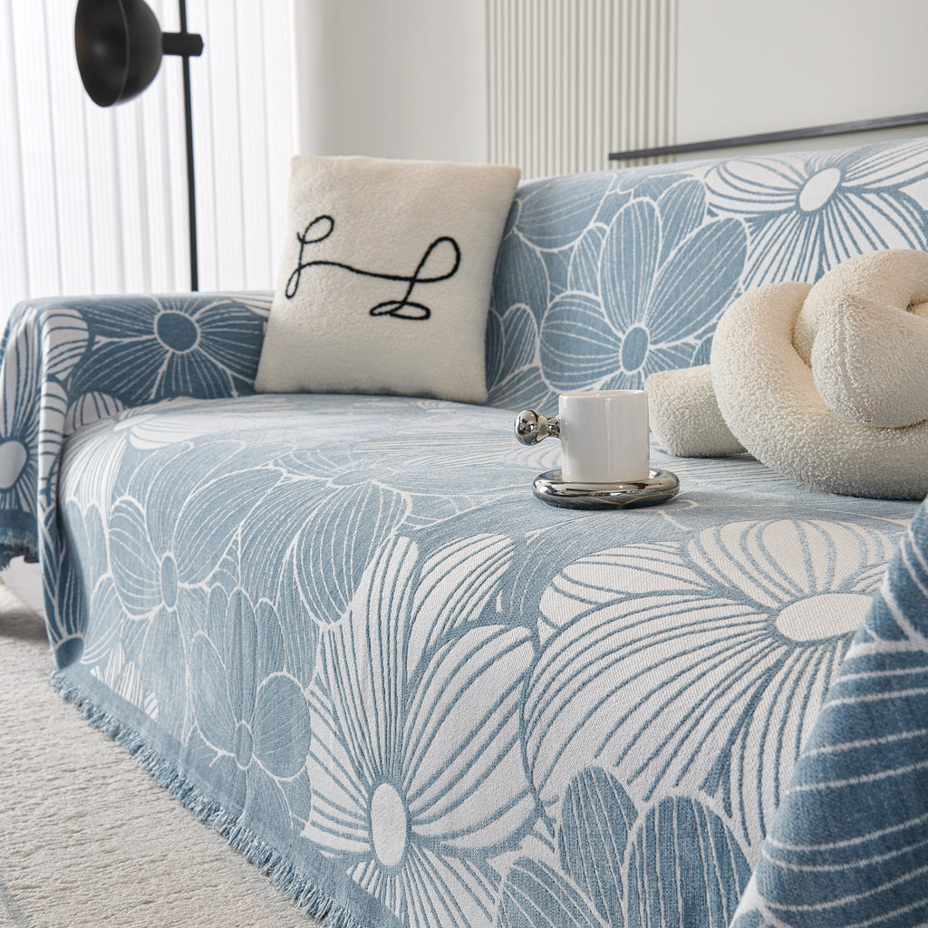 Chenille Jacquard Sofa Throw Cover with Tassels, All-Season Furniture Protector for Home and Office