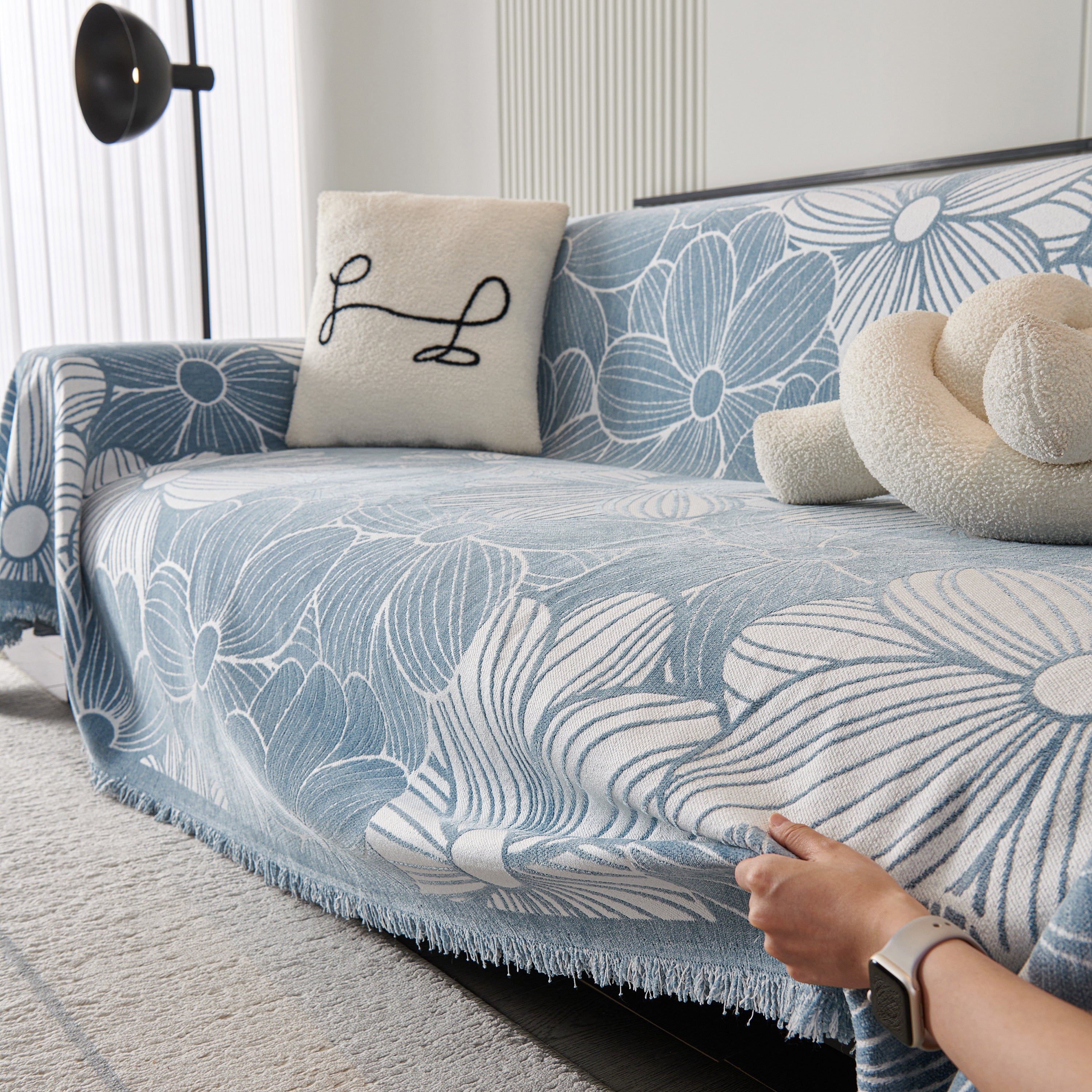 Chenille Jacquard Sofa Throw Cover with Tassels, All-Season Furniture Protector for Home and Office