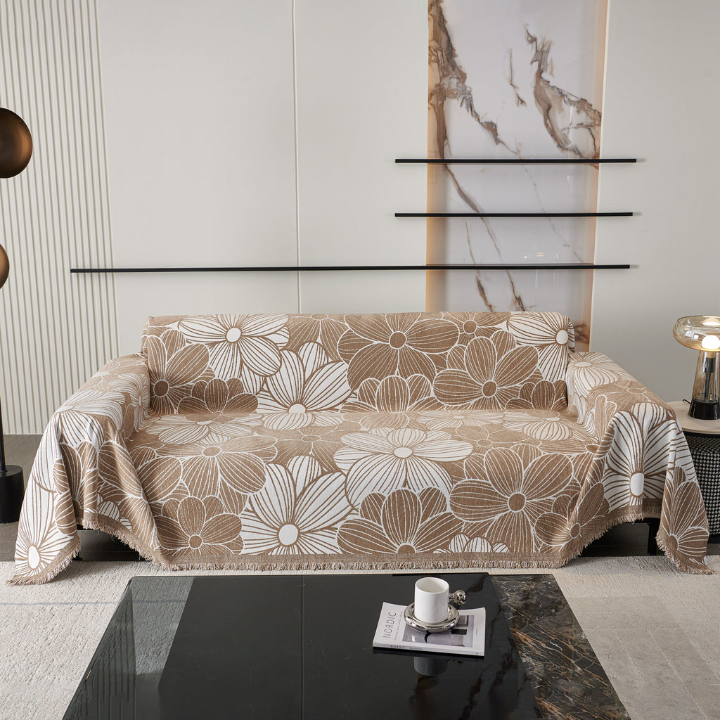 Chenille Jacquard Sofa Throw Cover with Tassels, All-Season Furniture Protector for Home and Office