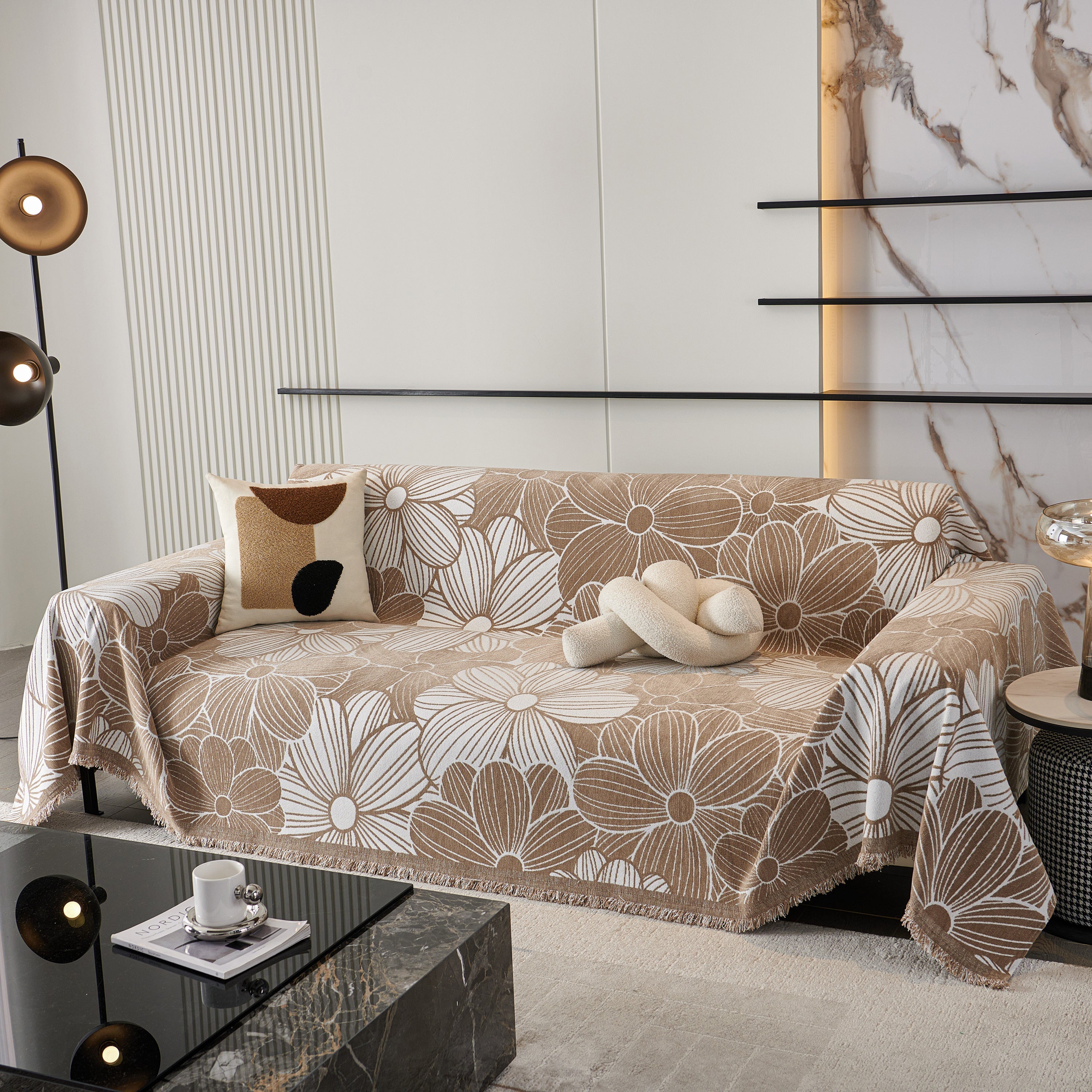 Chenille Jacquard Sofa Throw Cover with Tassels, All-Season Furniture Protector for Home and Office