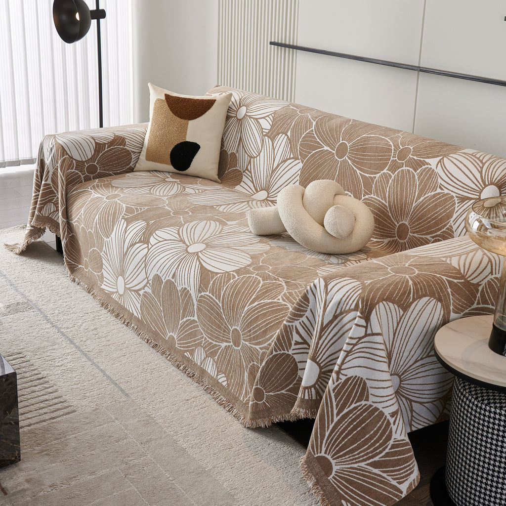 Chenille Jacquard Sofa Throw Cover with Tassels, All-Season Furniture Protector for Home and Office