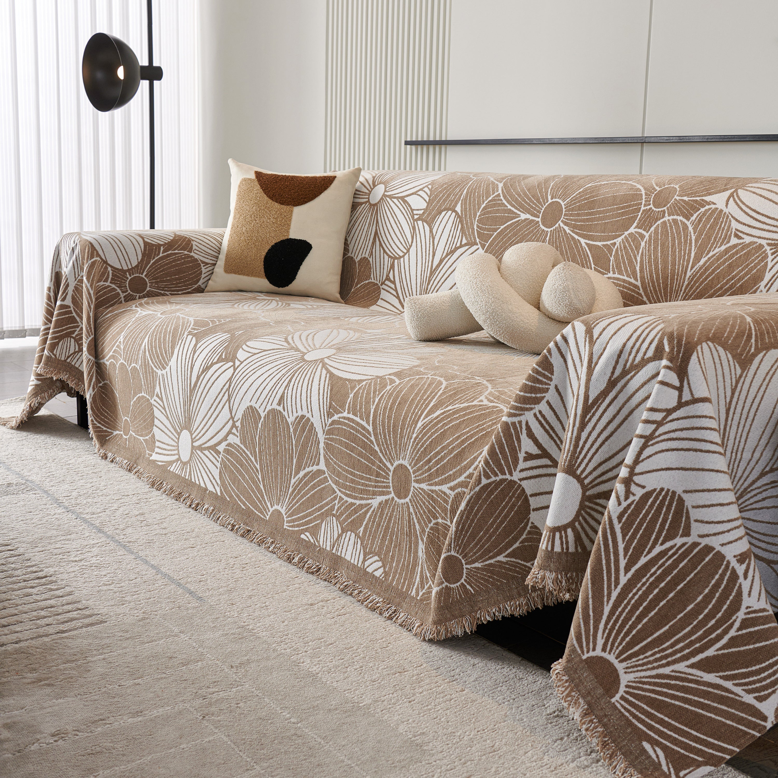 Chenille Jacquard Sofa Throw Cover with Tassels, All-Season Furniture Protector for Home and Office