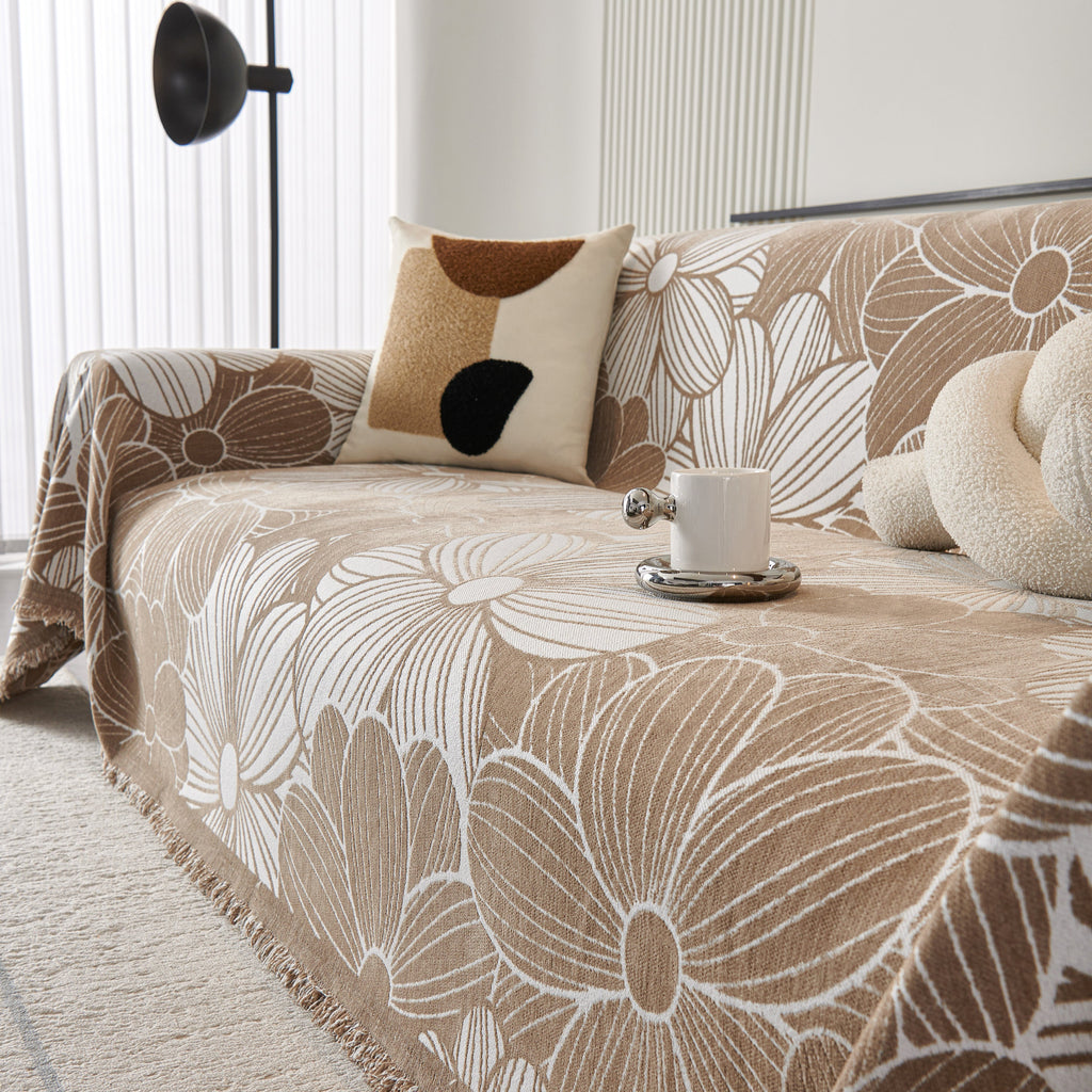 Chenille Jacquard Sofa Throw Cover with Tassels, All-Season Furniture Protector for Home and Office