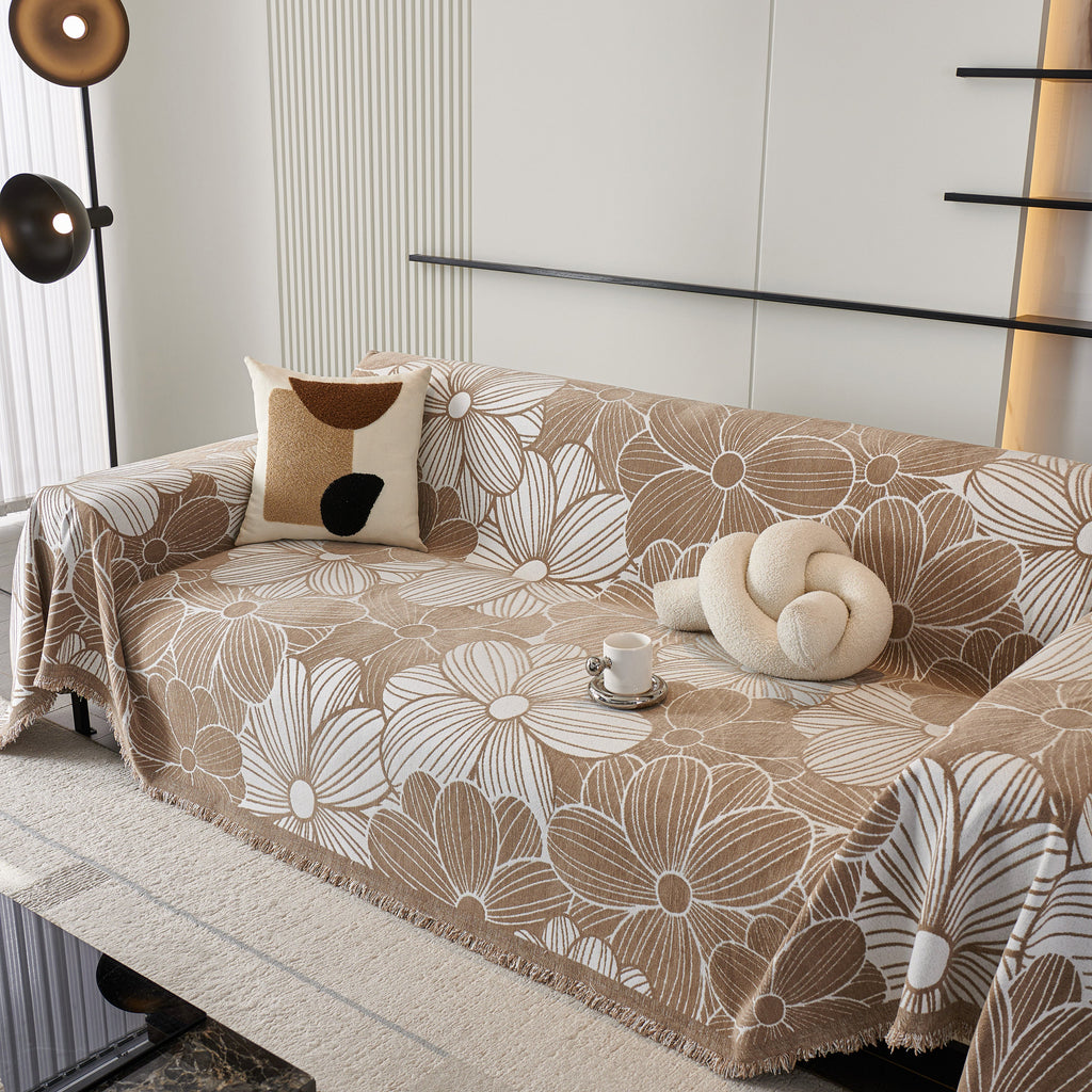 Chenille Jacquard Sofa Throw Cover with Tassels, All-Season Furniture Protector for Home and Office