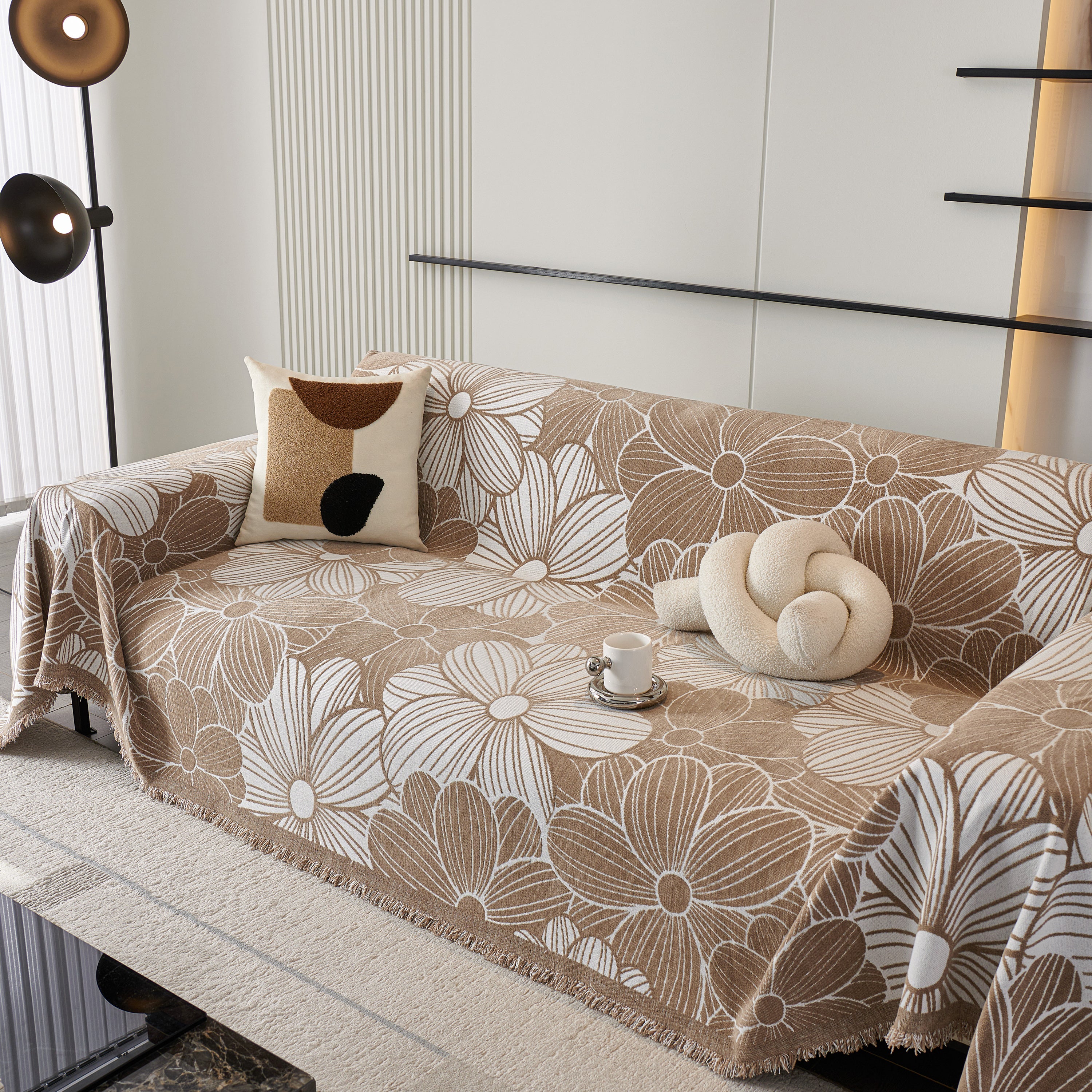 Chenille Jacquard Sofa Throw Cover with Tassels, All-Season Furniture Protector for Home and Office