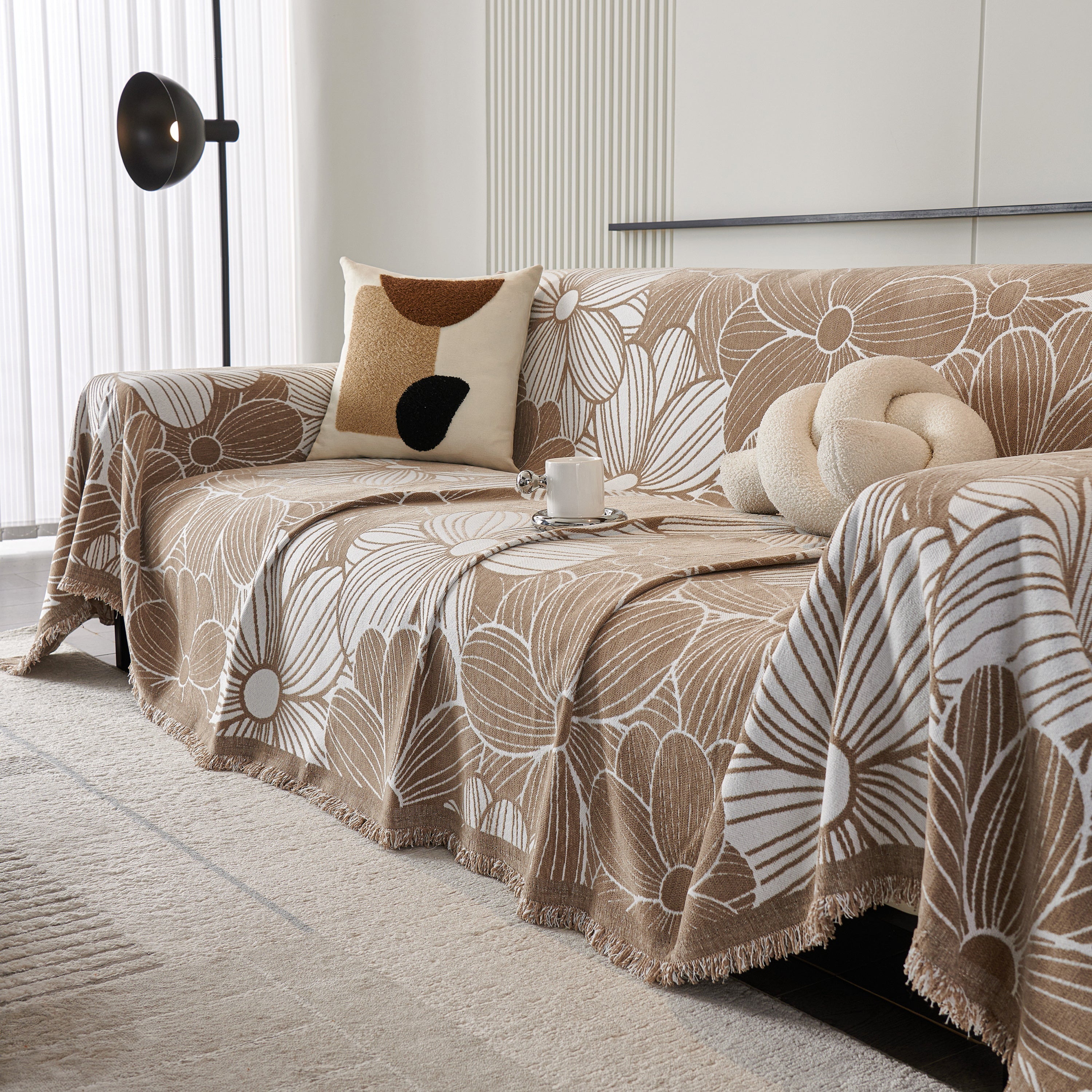 Chenille Jacquard Sofa Throw Cover with Tassels, All-Season Furniture Protector for Home and Office