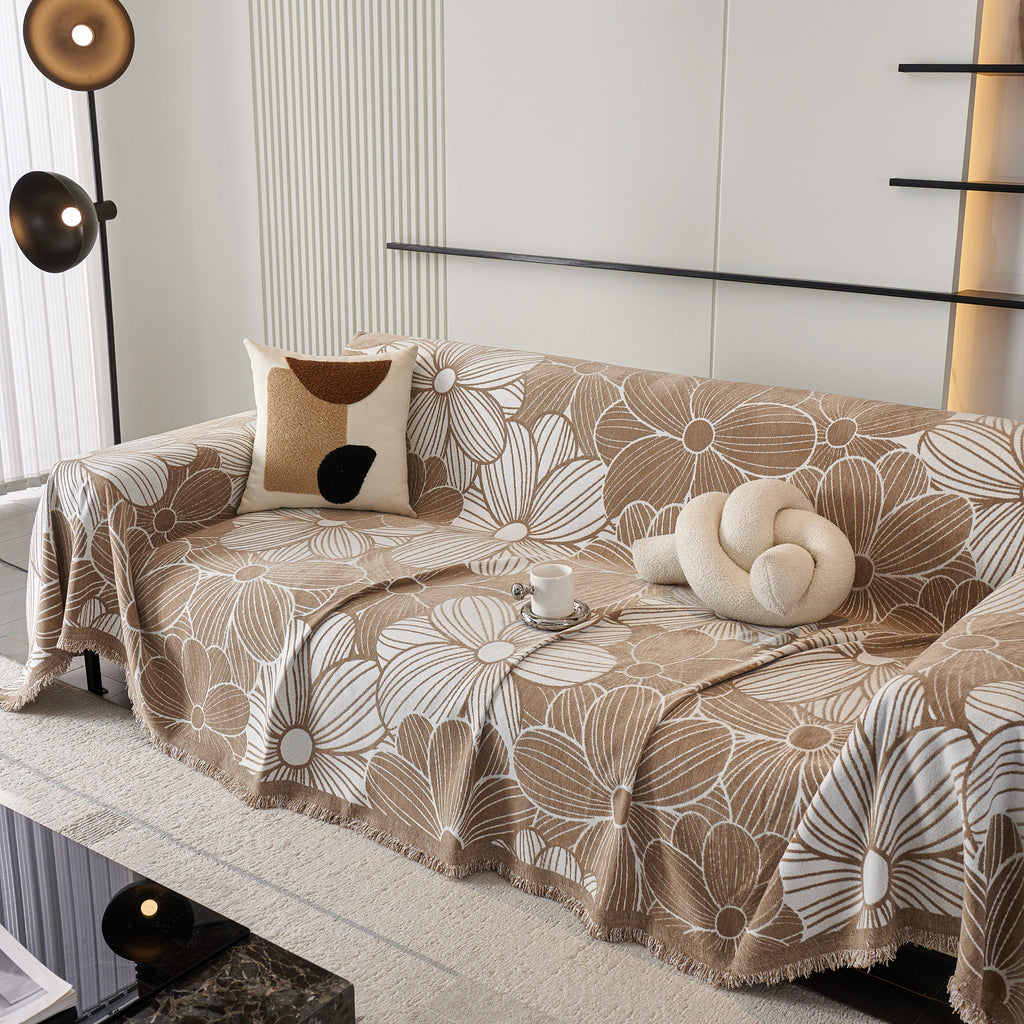 Chenille Jacquard Sofa Throw Cover with Tassels, All-Season Furniture Protector for Home and Office