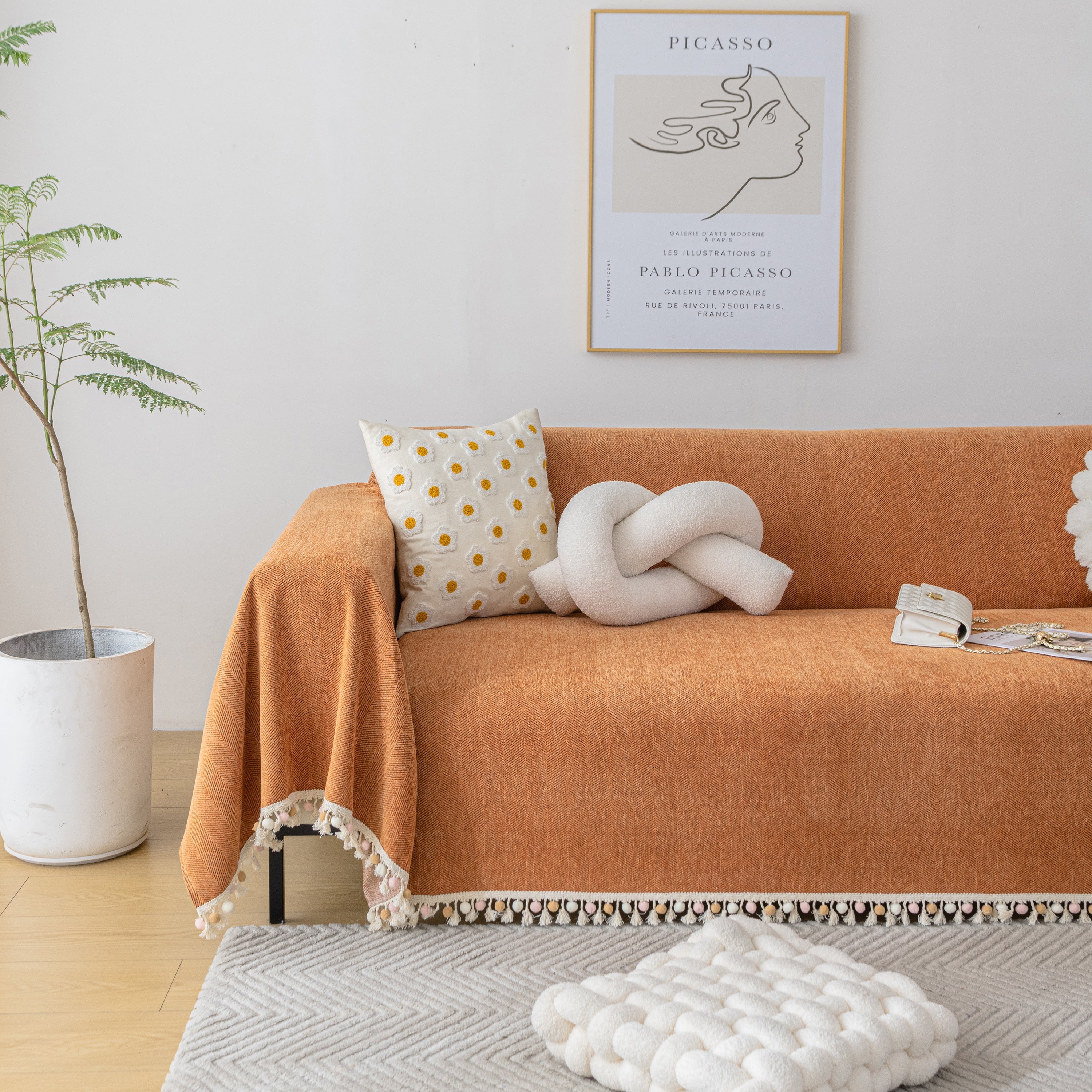 Couch Cover Sectional L Shape Chenille Herringbone Couch Throw Cover with Tassel Pom-Poms for Pets