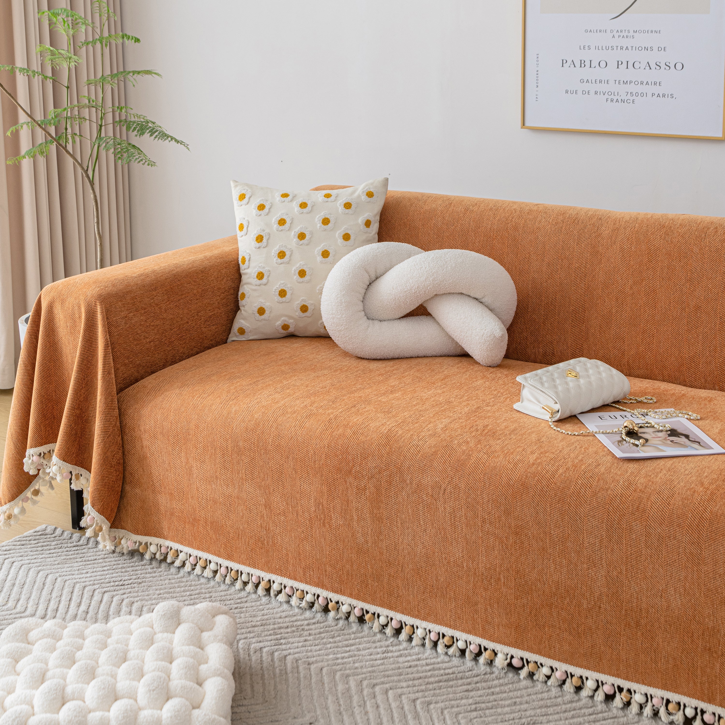 Couch Cover Sectional L Shape Chenille Herringbone Couch Throw Cover with Tassel Pom-Poms for Pets