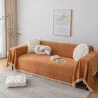 Couch Cover Sectional L Shape Chenille Herringbone Couch Throw Cover with Tassel Pom-Poms for Pets