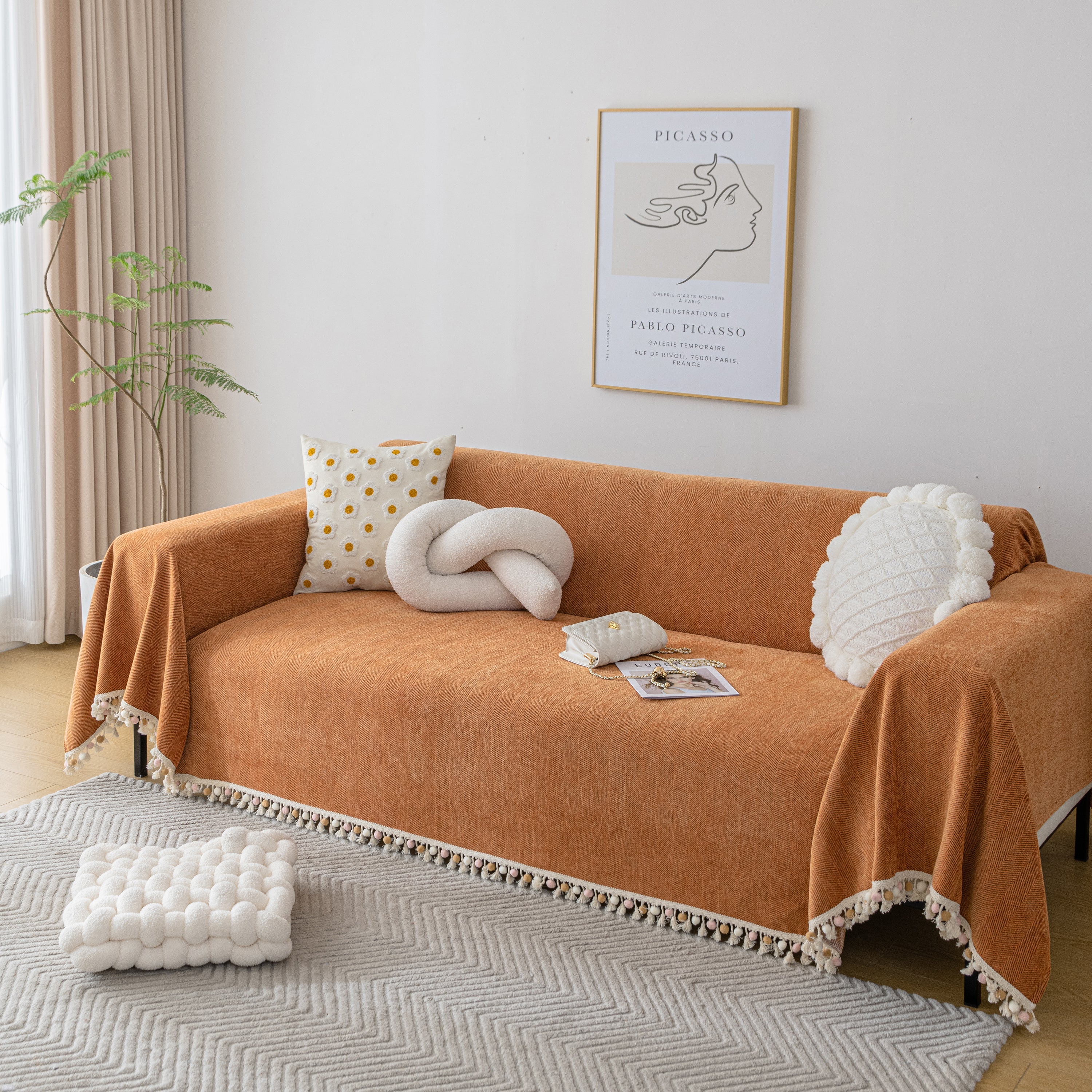 Couch Cover Sectional L Shape Chenille Herringbone Couch Throw Cover with Tassel Pom-Poms for Pets