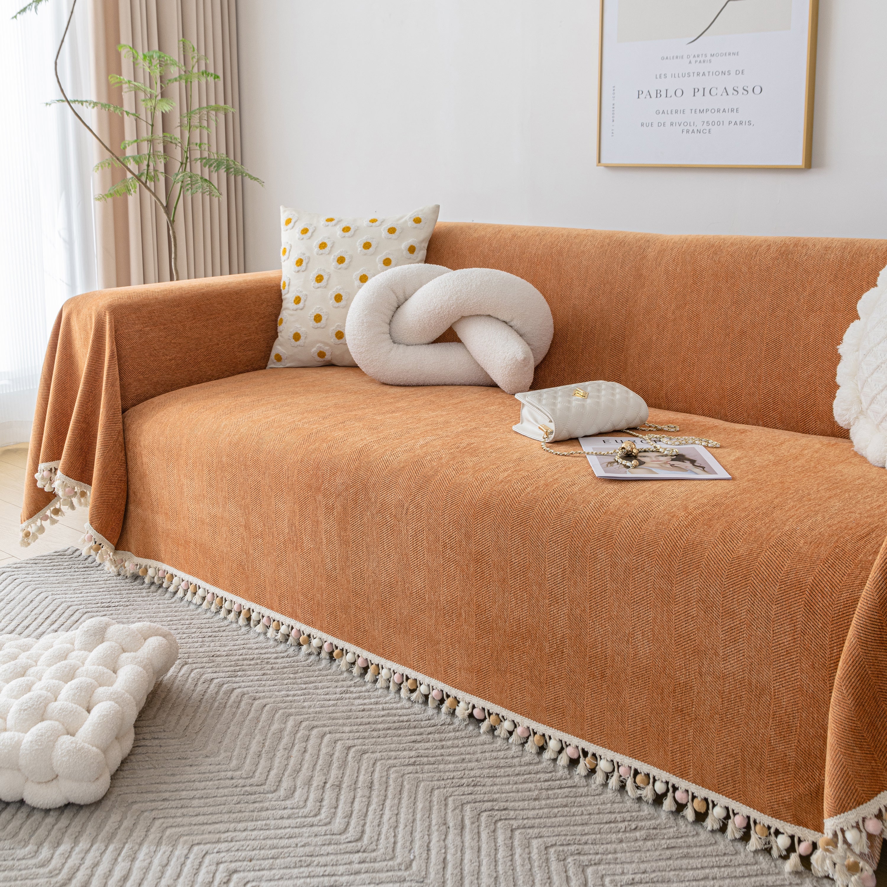 Couch Cover Sectional L Shape Chenille Herringbone Couch Throw Cover with Tassel Pom-Poms for Pets